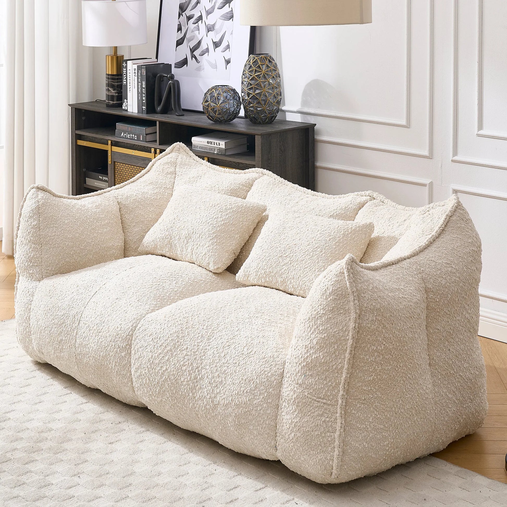 Comfortable Dual Beanbag Chair with High Resilience Foam Core for Two People in Beige Chenille detail view 8