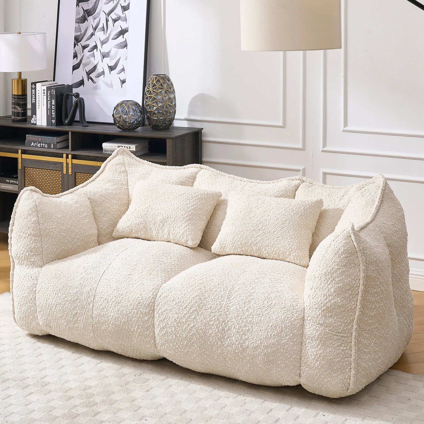Comfortable Dual Beanbag Chair with High Resilience Foam Core for Two People in Beige Chenille detail view 10