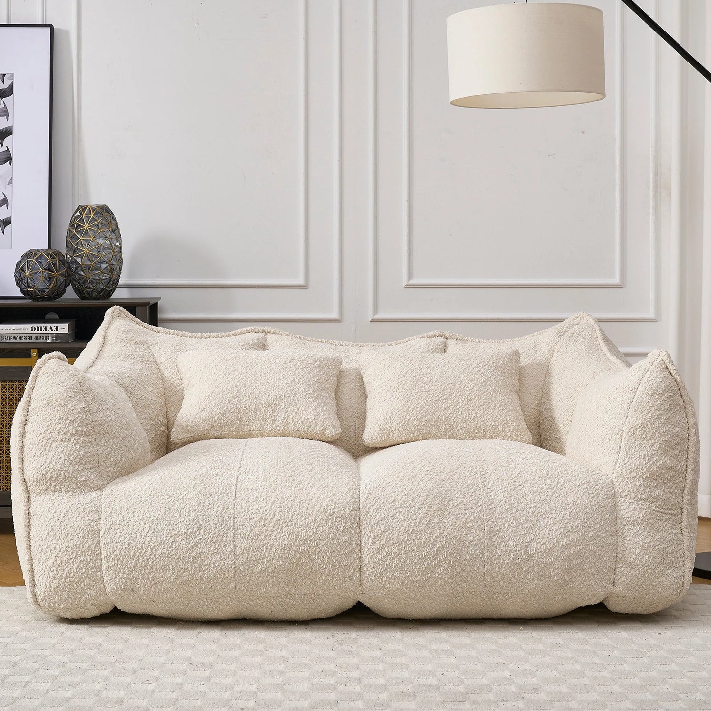 Comfortable Dual Beanbag Chair with High Resilience Foam Core for Two People in Beige Chenille detail view 11
