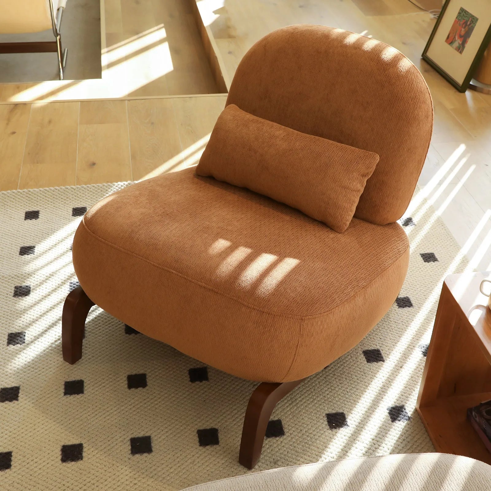 Cute Accent Chair with Solid Wood Legs, Living Room Chair with Soft fabric Cushion, Cozy Bedroom Chair, Comfy Armless Reading Chair for Apartment, Waiting Room, Balcony (Caramel) lifestyle view