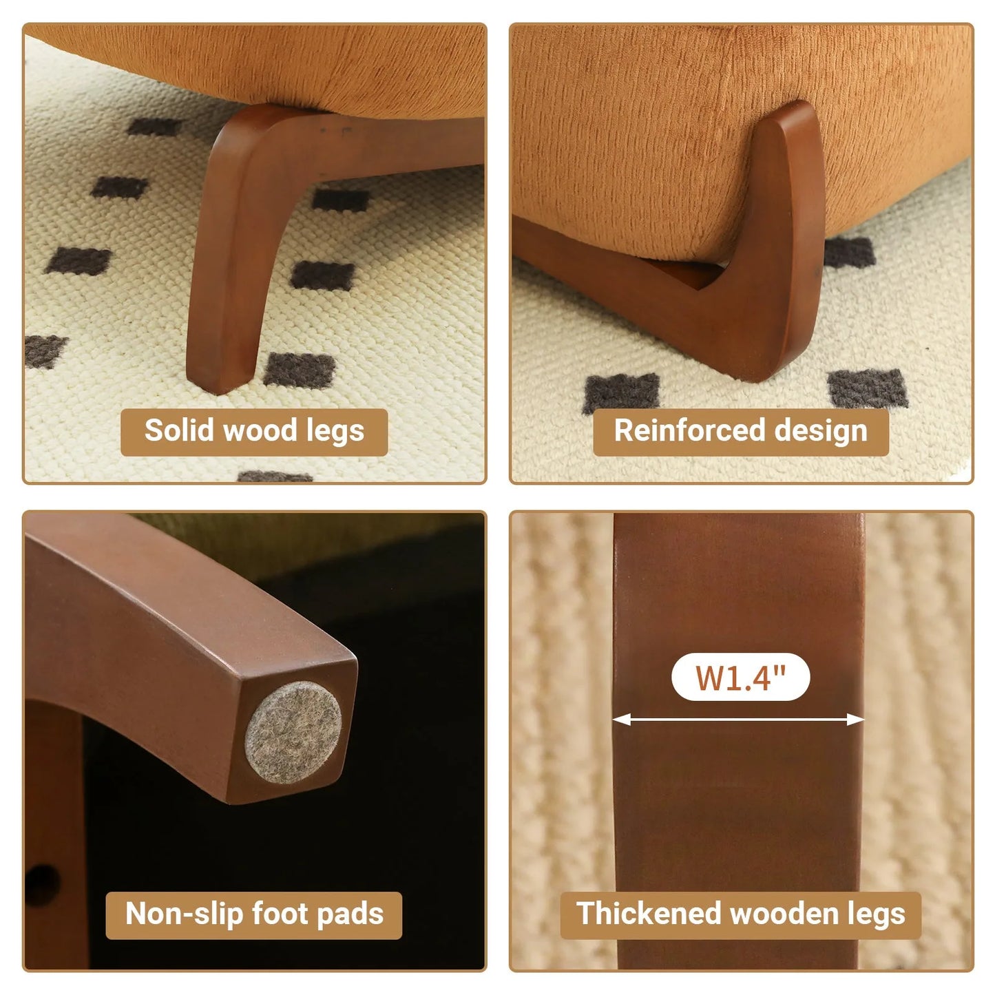 Cute Accent Chair with Solid Wood Legs, Living Room Chair with Soft fabric Cushion, Cozy Bedroom Chair, Comfy Armless Reading Chair for Apartment, Waiting Room, Balcony (Caramel) detail view 8