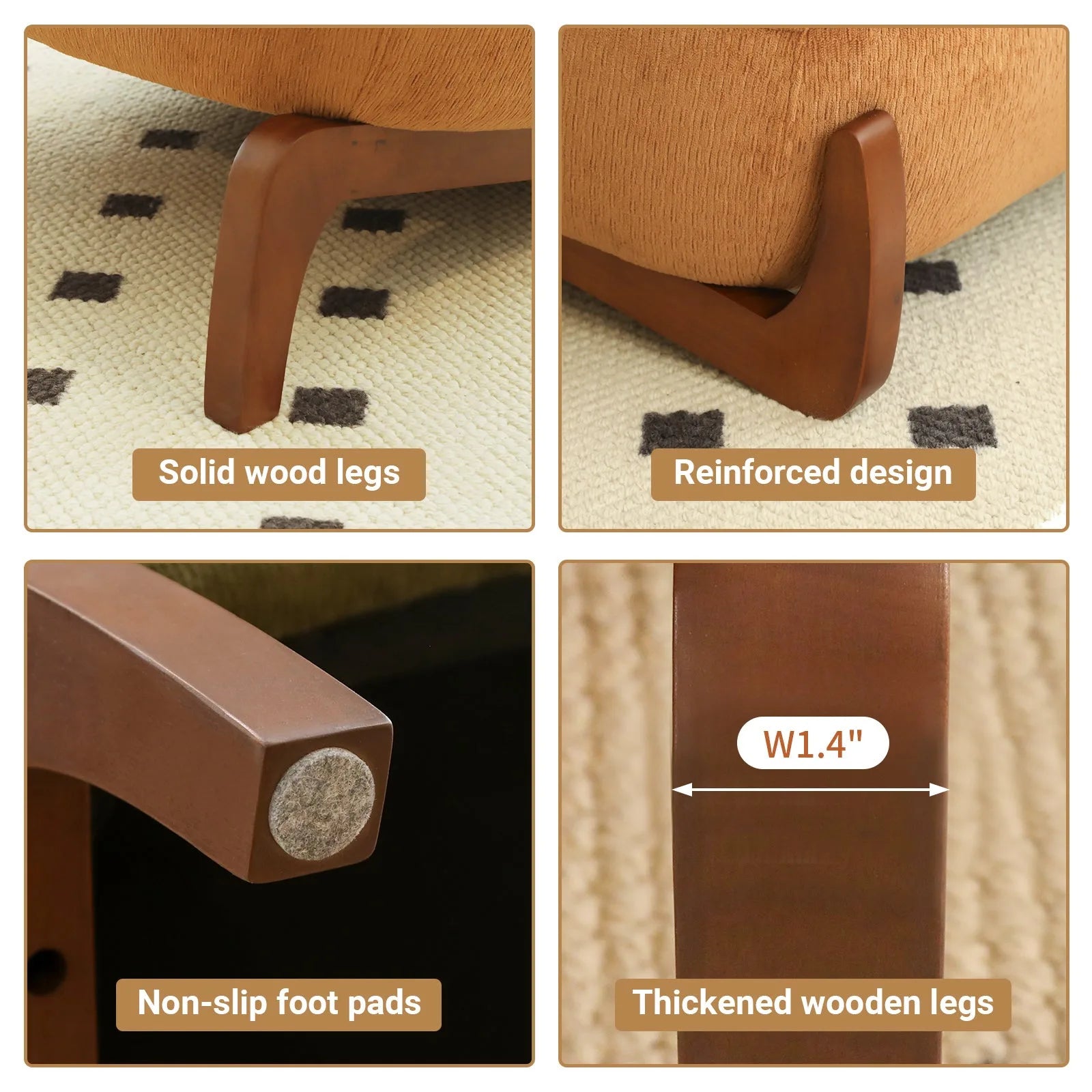 Cute Accent Chair with Solid Wood Legs, Living Room Chair with Soft fabric Cushion, Cozy Bedroom Chair, Comfy Armless Reading Chair for Apartment, Waiting Room, Balcony (Caramel) detail view 8
