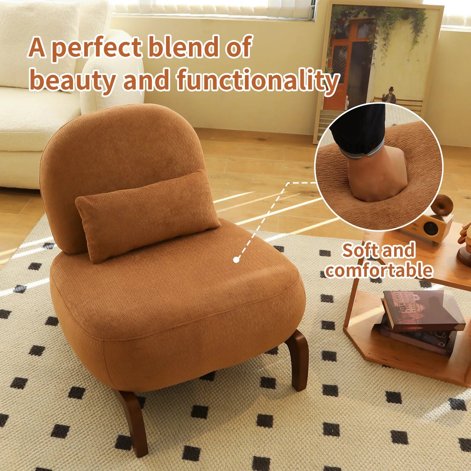 Cute Accent Chair with Solid Wood Legs, Living Room Chair with Soft fabric Cushion, Cozy Bedroom Chair, Comfy Armless Reading Chair for Apartment, Waiting Room, Balcony (Caramel) detail view 14