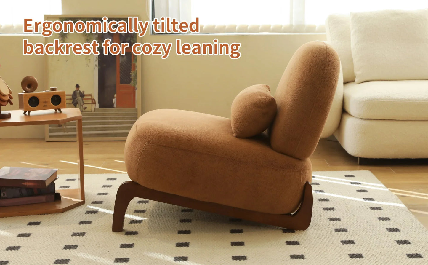 Cute Accent Chair with Solid Wood Legs, Living Room Chair with Soft fabric Cushion, Cozy Bedroom Chair, Comfy Armless Reading Chair for Apartment, Waiting Room, Balcony (Caramel) detail view 16