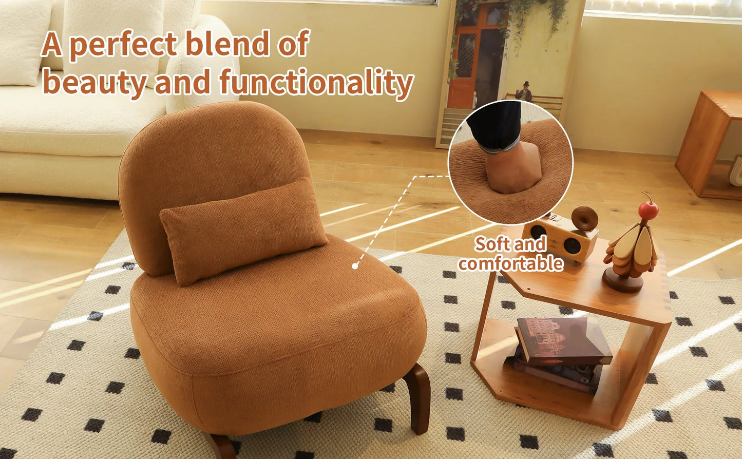 Cute Accent Chair with Solid Wood Legs, Living Room Chair with Soft fabric Cushion, Cozy Bedroom Chair, Comfy Armless Reading Chair for Apartment, Waiting Room, Balcony (Caramel) detail view 27