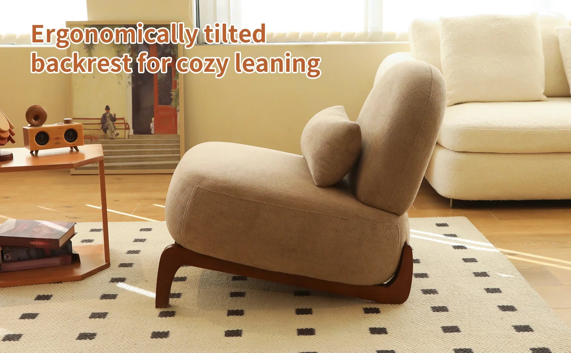 Cute Accent Chair with Solid Wood Legs, Living Room Chair with Soft fabric Cushion, Cozy Bedroom Chair, Comfy Armless Reading Chair for Apartment, Waiting Room, Balcony (Caramel) detail view 45