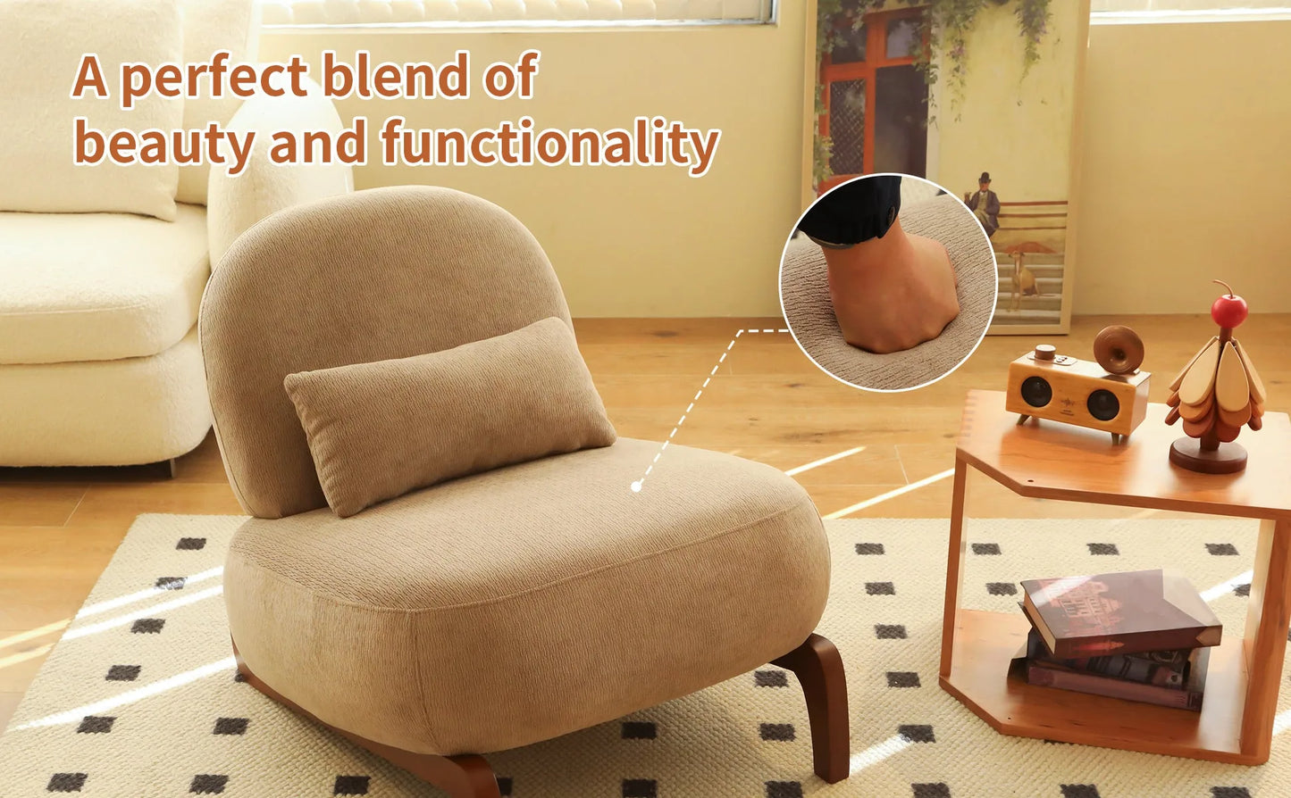 Cute Accent Chair with Solid Wood Legs, Living Room Chair with Soft fabric Cushion, Cozy Bedroom Chair, Comfy Armless Reading Chair for Apartment, Waiting Room, Balcony (Caramel) detail view 48