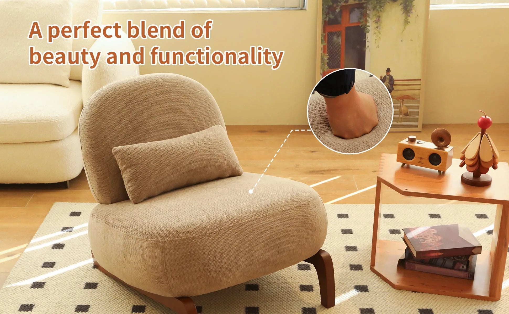 Cute Accent Chair with Solid Wood Legs, Living Room Chair with Soft fabric Cushion, Cozy Bedroom Chair, Comfy Armless Reading Chair for Apartment, Waiting Room, Balcony (Caramel) detail view 48