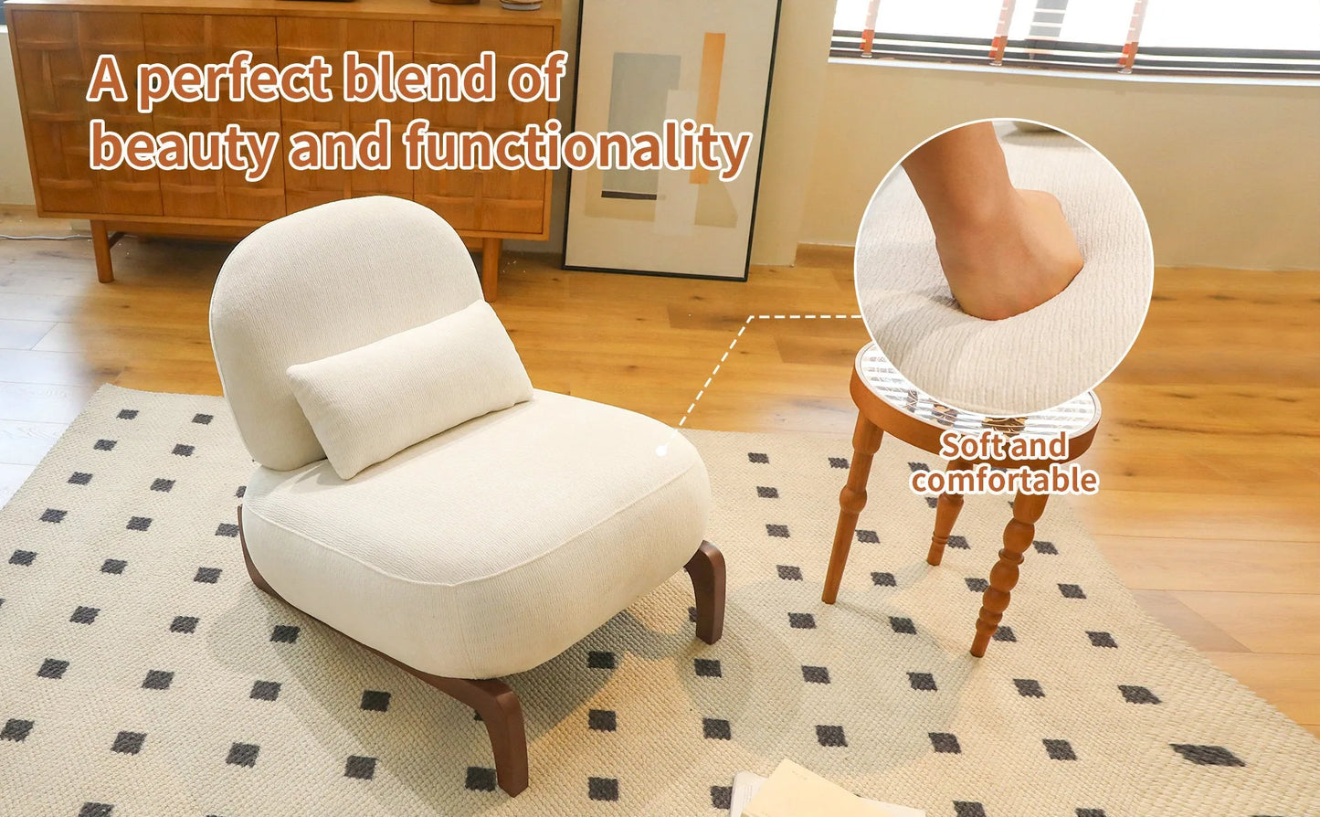 Cute Accent Chair with Solid Wood Legs, Living Room Chair with Soft fabric Cushion, Cozy Bedroom Chair, Comfy Armless Reading Chair for Apartment, Waiting Room, Balcony (Caramel) detail view 72