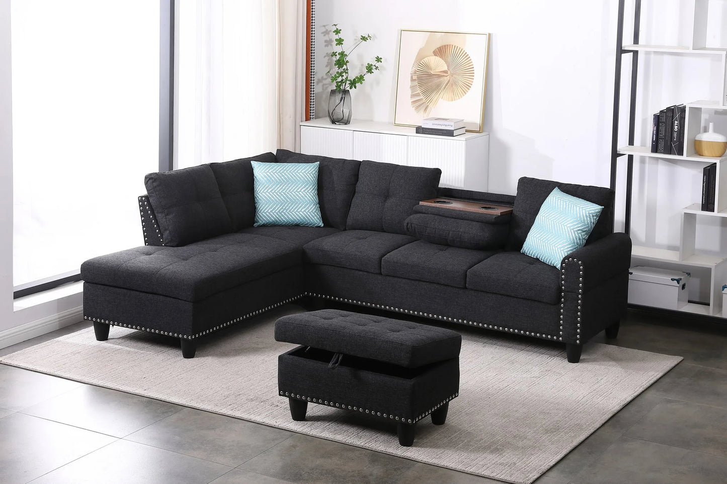 Alger 98' Wide Left Hand Facing Sofa & Chaise with Ottoman lifestyle view