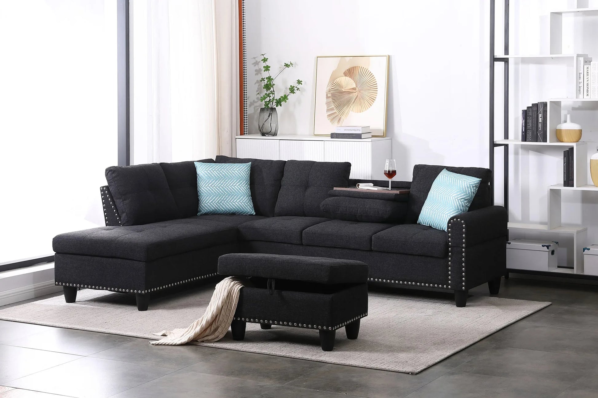 Alger 98' Wide Left Hand Facing Sofa & Chaise with Ottoman detail view 3