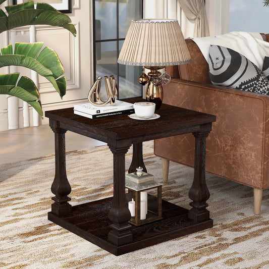 24.8' Farmhouse Wood End Table with Storage Shelf, 2-Tier Vintage Side Table with Carved Legs, Square Decorative Nightstand for Living Room & Bedroom, Espresso lifestyle view