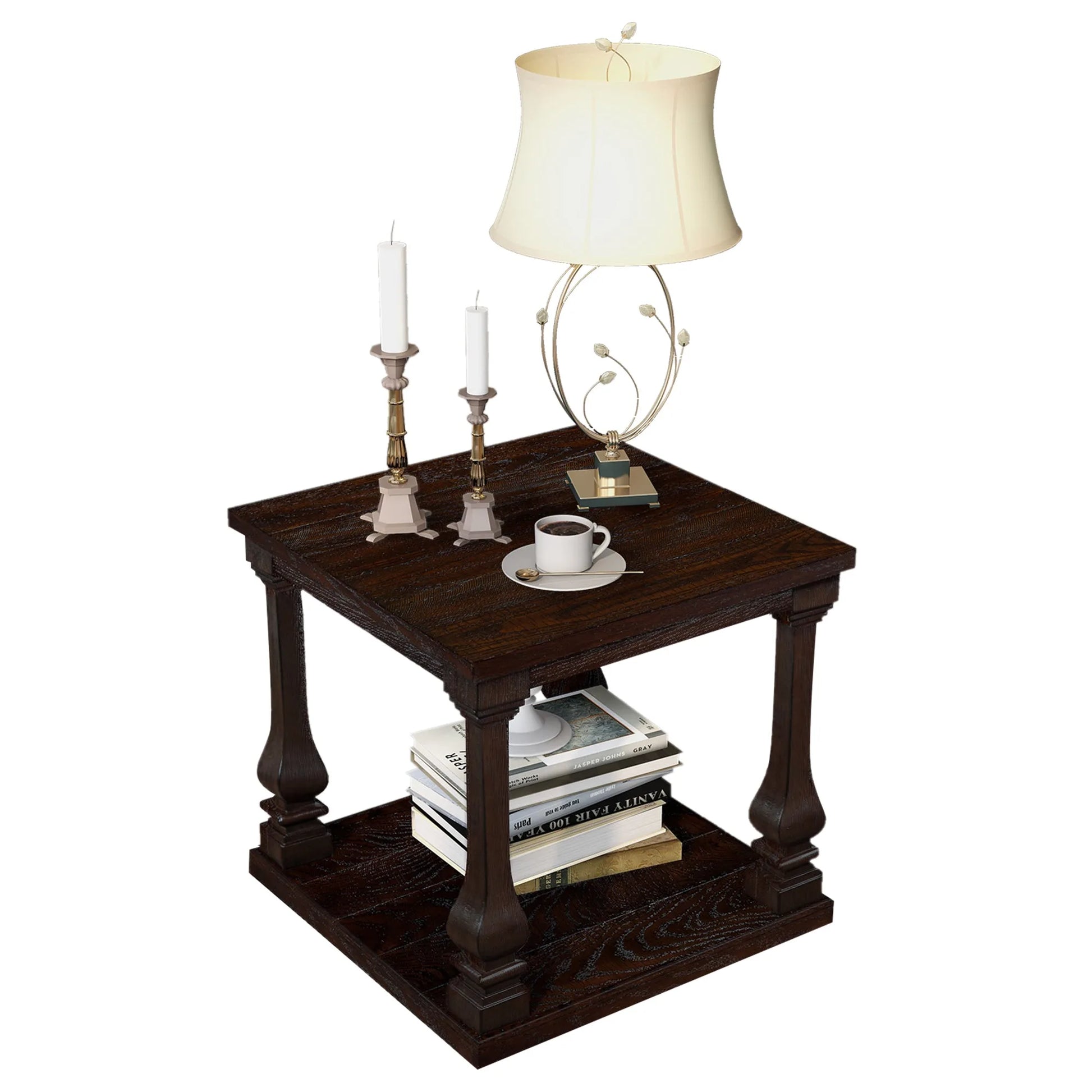 24.8' Farmhouse Wood End Table with Storage Shelf, 2-Tier Vintage Side Table with Carved Legs, Square Decorative Nightstand for Living Room & Bedroom, Espresso detail view 3