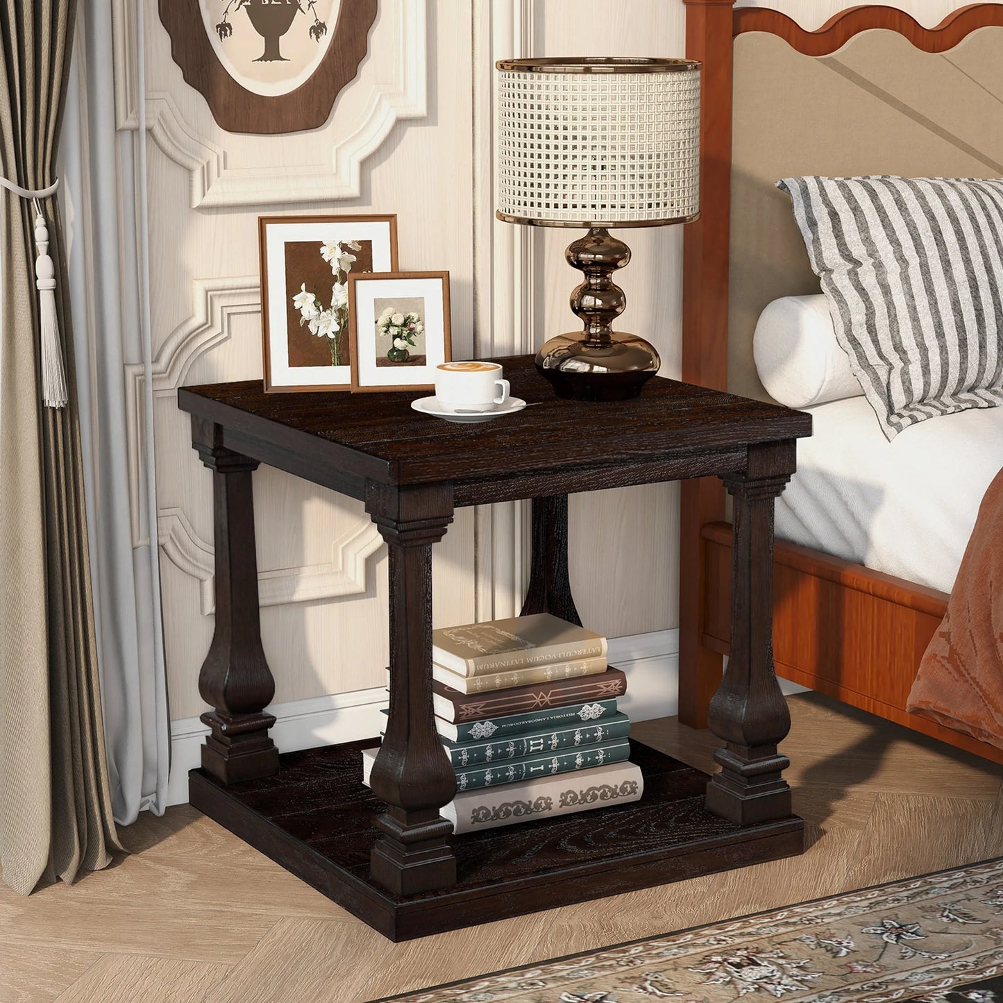 24.8' Farmhouse Wood End Table with Storage Shelf, 2-Tier Vintage Side Table with Carved Legs, Square Decorative Nightstand for Living Room & Bedroom, Espresso detail view 4