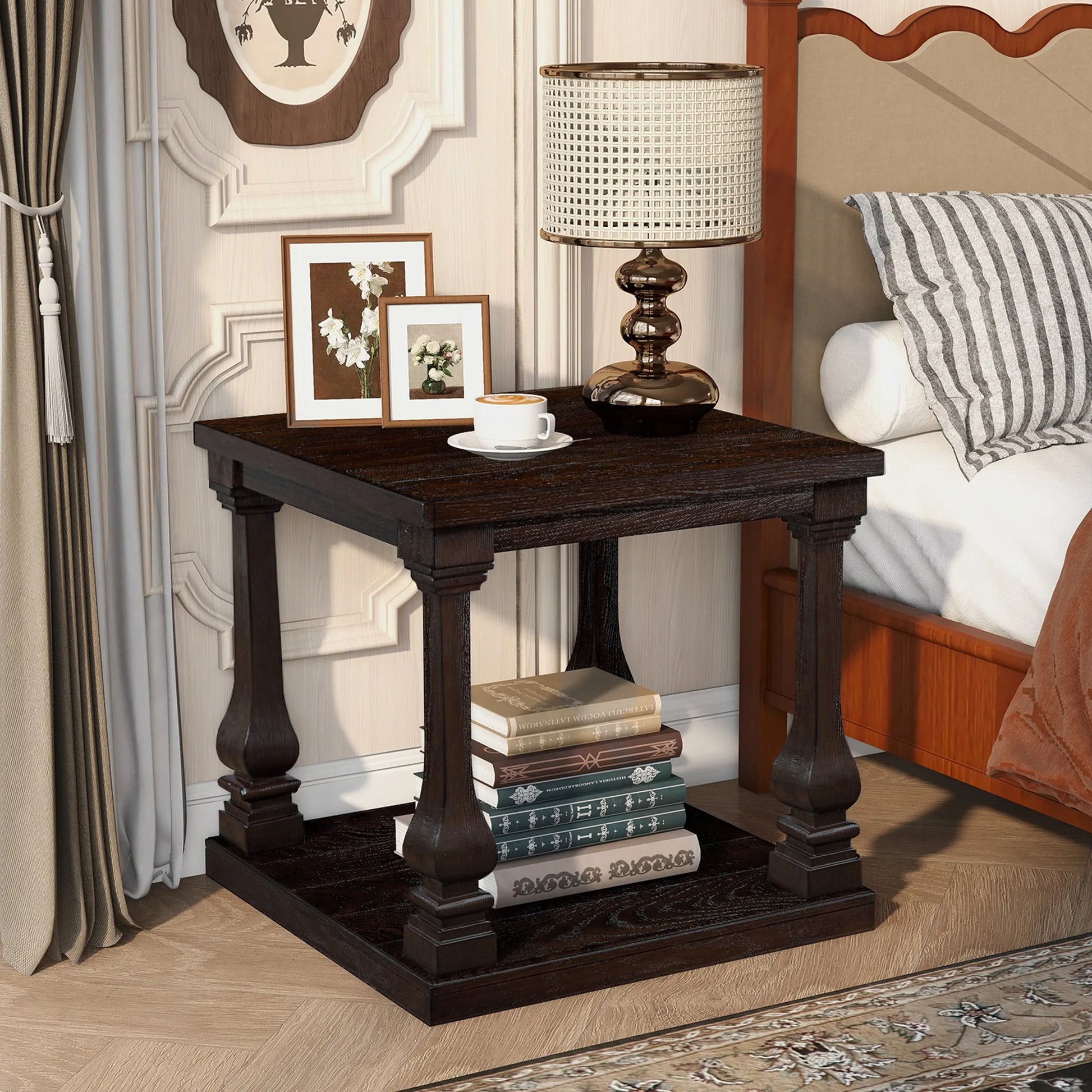 24.8' Farmhouse Wood End Table with Storage Shelf, 2-Tier Vintage Side Table with Carved Legs, Square Decorative Nightstand for Living Room & Bedroom, Espresso detail view 4