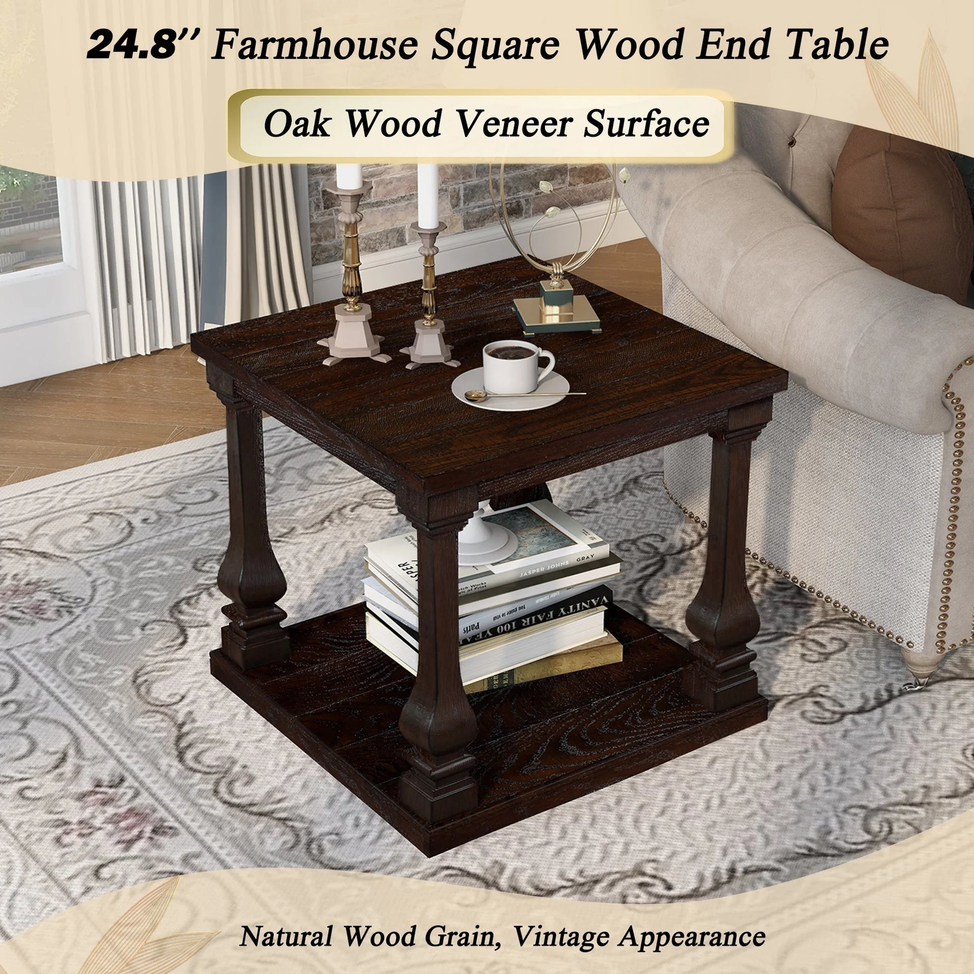 24.8' Farmhouse Wood End Table with Storage Shelf, 2-Tier Vintage Side Table with Carved Legs, Square Decorative Nightstand for Living Room & Bedroom, Espresso detail view 5