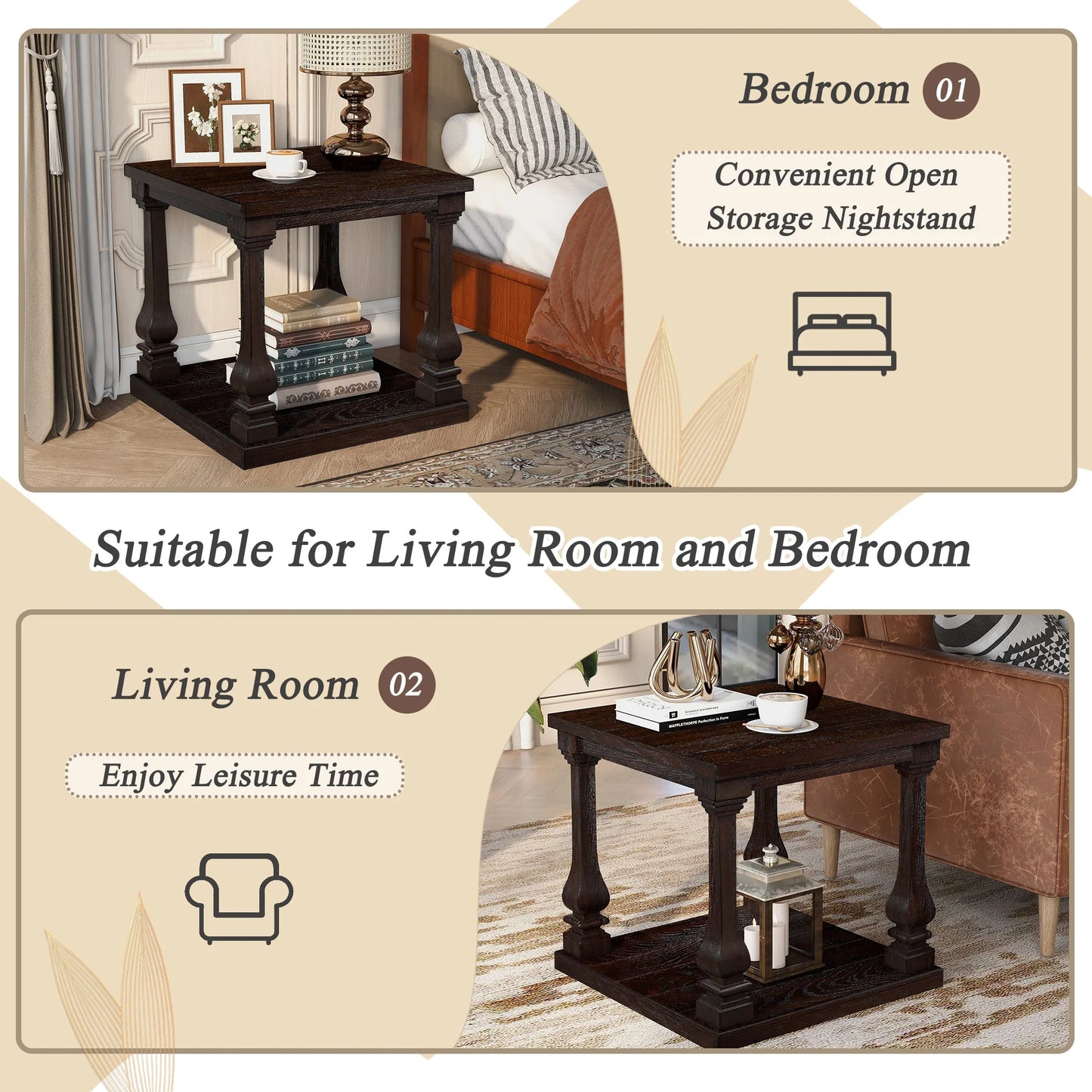 24.8' Farmhouse Wood End Table with Storage Shelf, 2-Tier Vintage Side Table with Carved Legs, Square Decorative Nightstand for Living Room & Bedroom, Espresso detail view 6