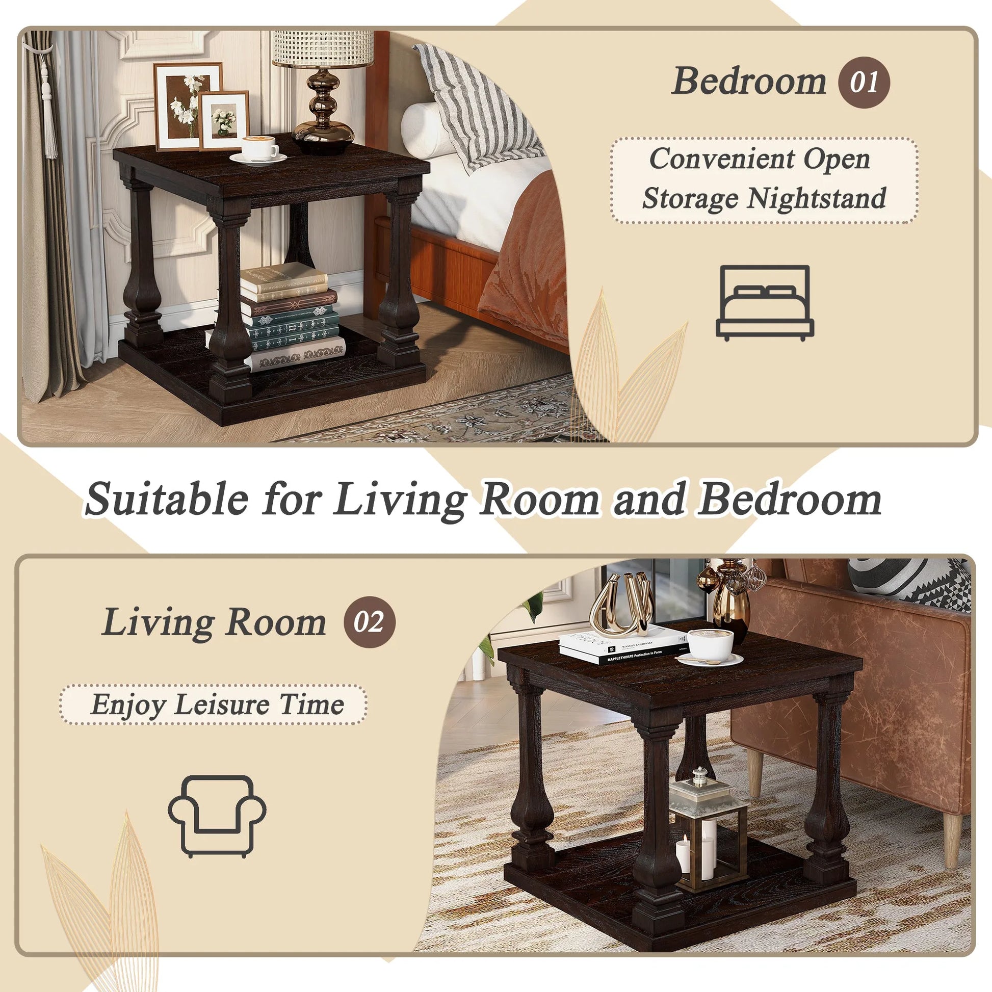 24.8' Farmhouse Wood End Table with Storage Shelf, 2-Tier Vintage Side Table with Carved Legs, Square Decorative Nightstand for Living Room & Bedroom, Espresso detail view 6