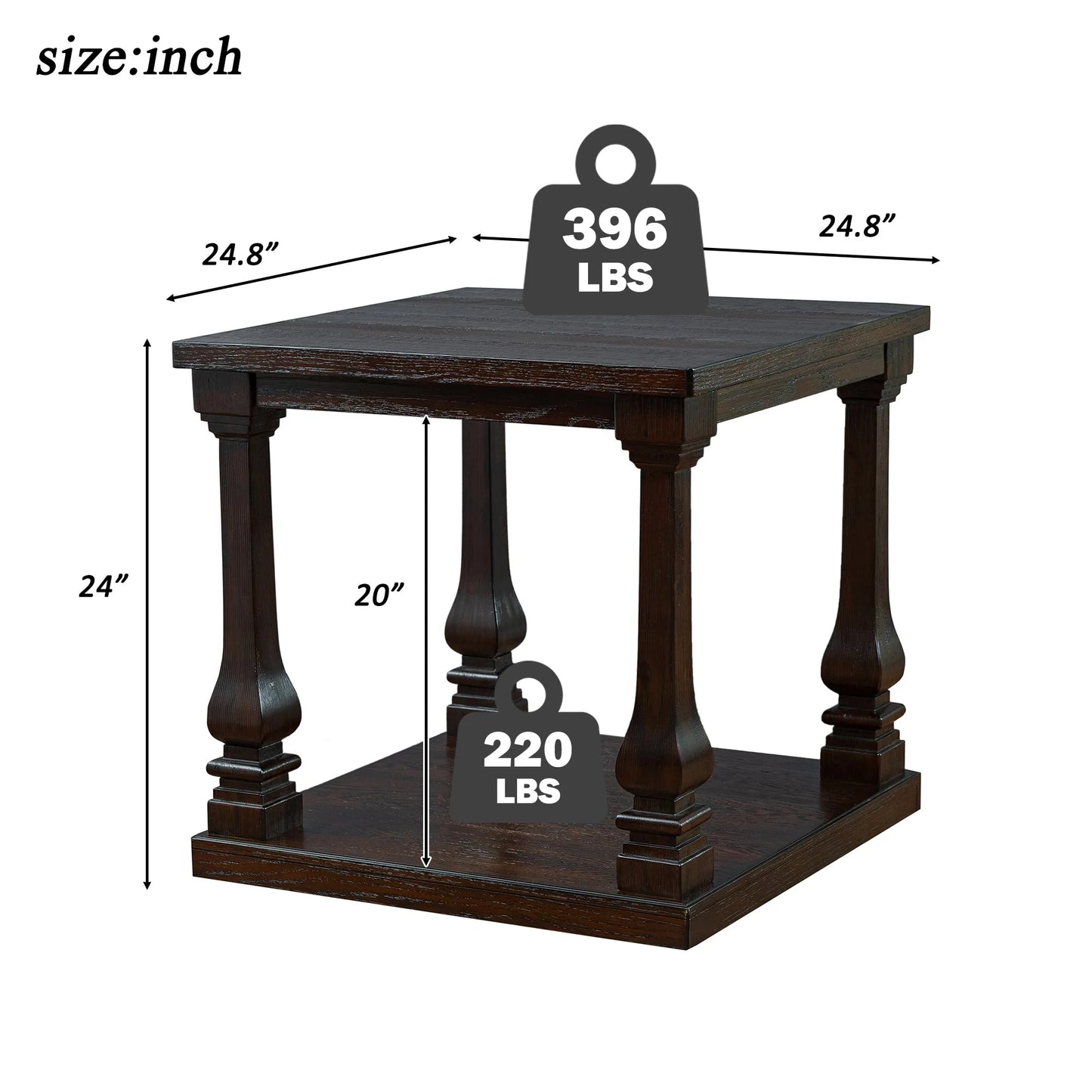 24.8' Farmhouse Wood End Table with Storage Shelf, 2-Tier Vintage Side Table with Carved Legs, Square Decorative Nightstand for Living Room & Bedroom, Espresso detail view 7