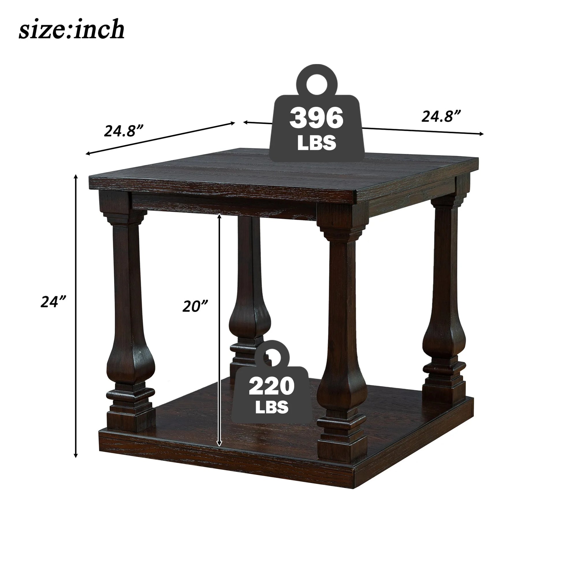 24.8' Farmhouse Wood End Table with Storage Shelf, 2-Tier Vintage Side Table with Carved Legs, Square Decorative Nightstand for Living Room & Bedroom, Espresso detail view 7