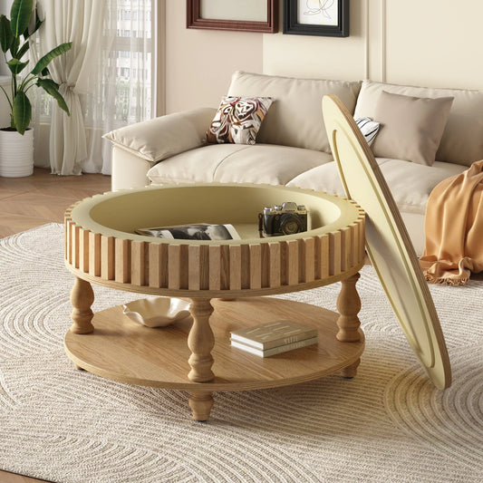 Mid Century Modern Fluted Coffee Table with Storage, Natural Wood Finish Center Table with Flip-Top Lid and Solid Wood Legs for Living Room lifestyle view