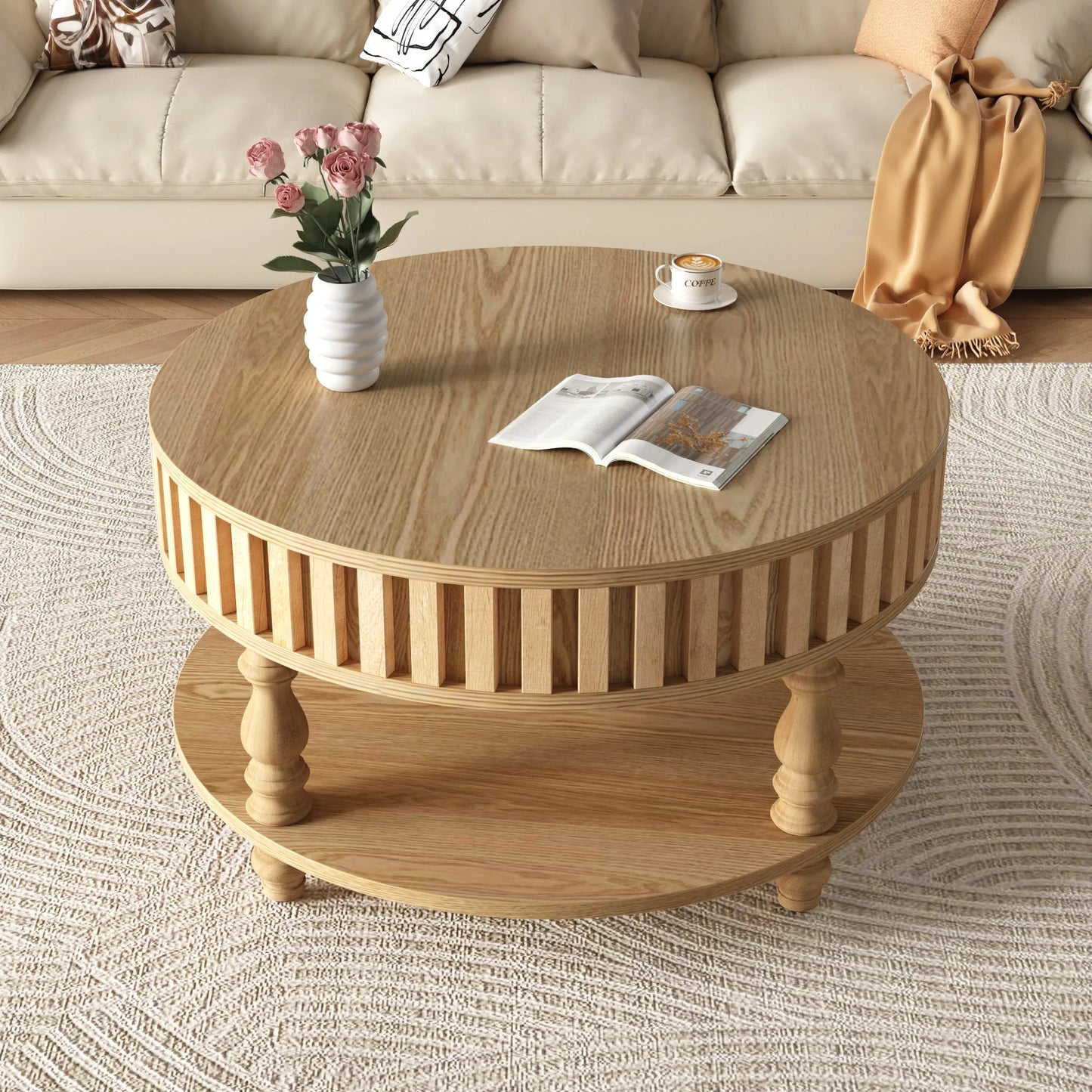 Mid Century Modern Fluted Coffee Table with Storage, Natural Wood Finish Center Table with Flip-Top Lid and Solid Wood Legs for Living Room detail view 2
