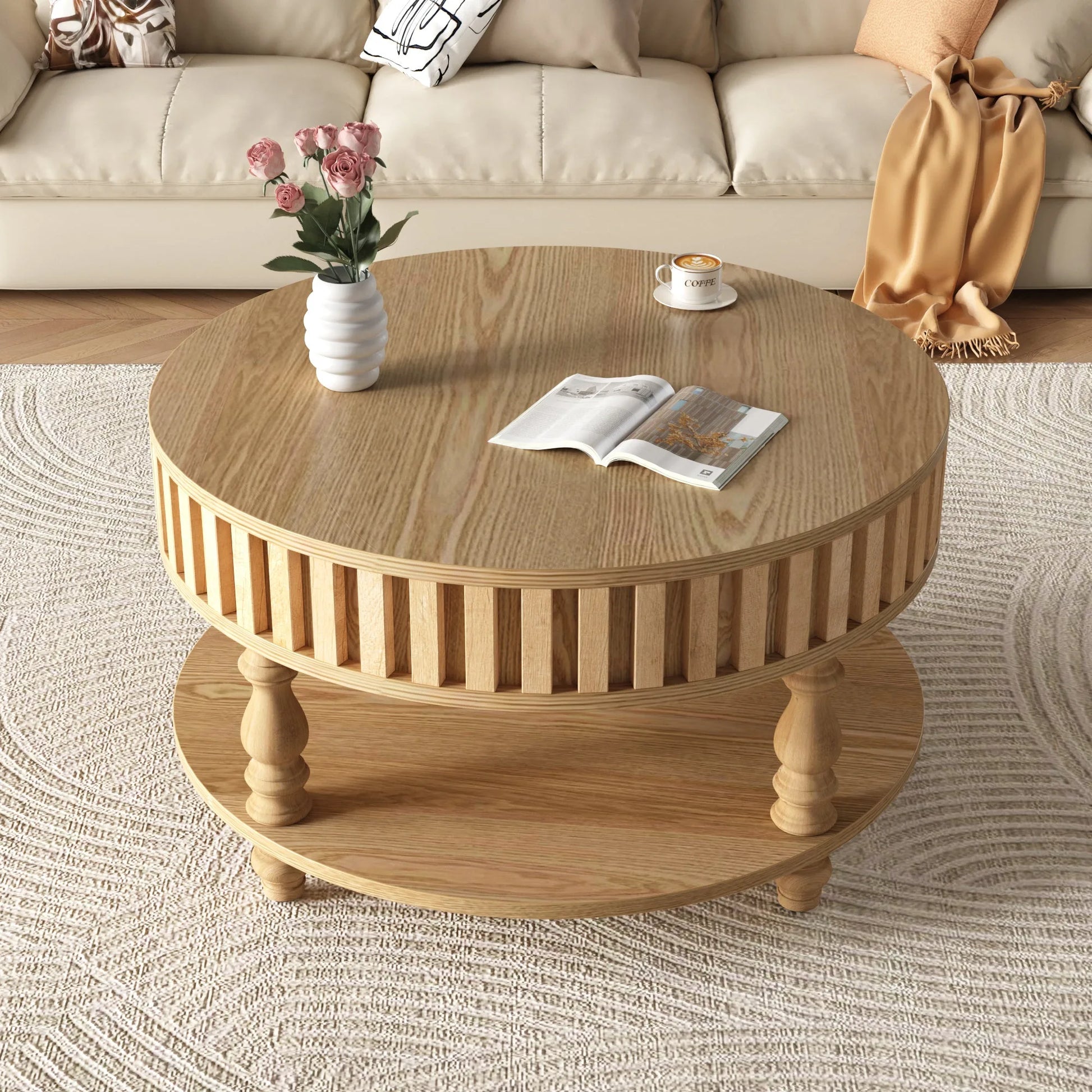 Mid Century Modern Fluted Coffee Table with Storage, Natural Wood Finish Center Table with Flip-Top Lid and Solid Wood Legs for Living Room detail view 2