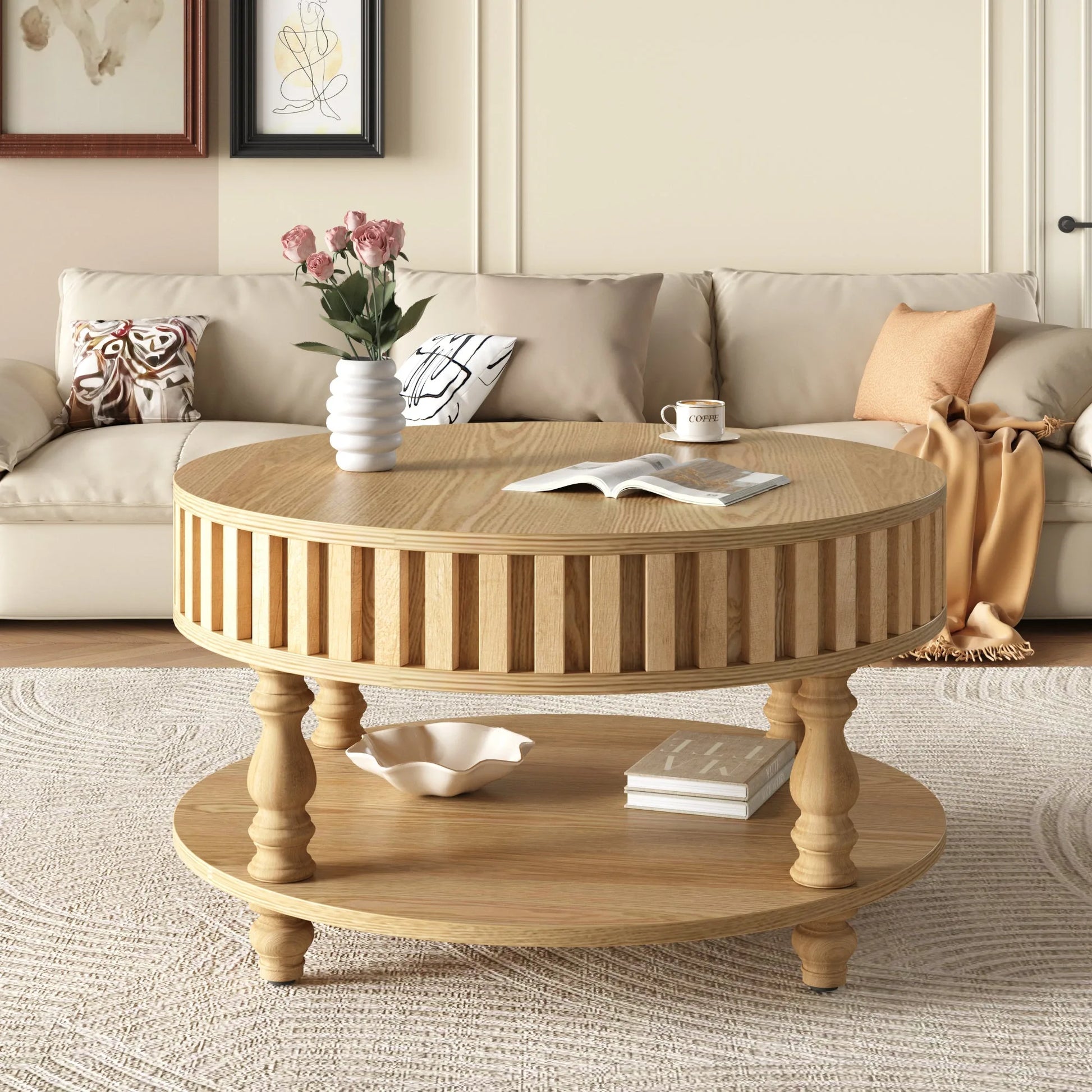 Mid Century Modern Fluted Coffee Table with Storage, Natural Wood Finish Center Table with Flip-Top Lid and Solid Wood Legs for Living Room detail view 3