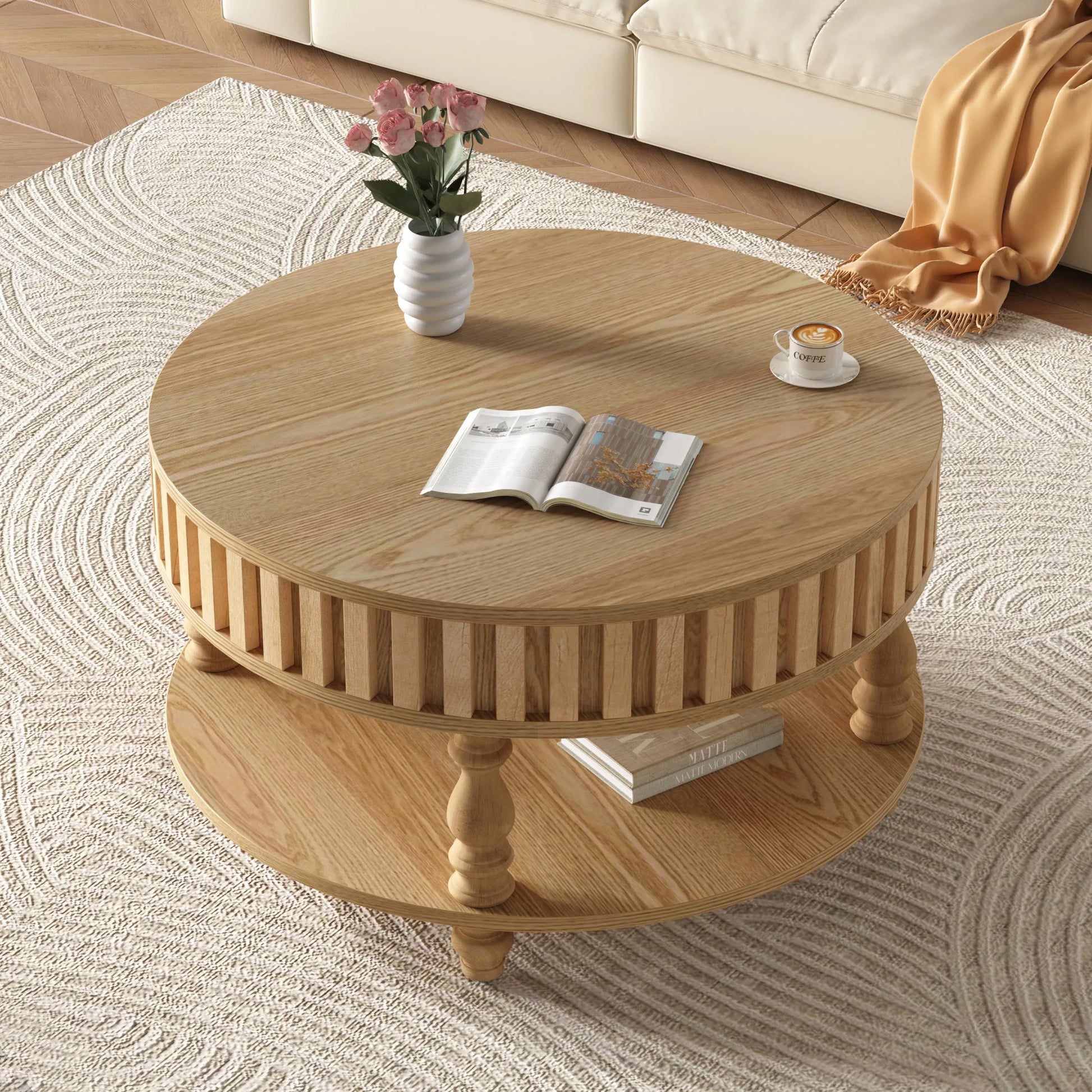 Mid Century Modern Fluted Coffee Table with Storage, Natural Wood Finish Center Table with Flip-Top Lid and Solid Wood Legs for Living Room detail view 4