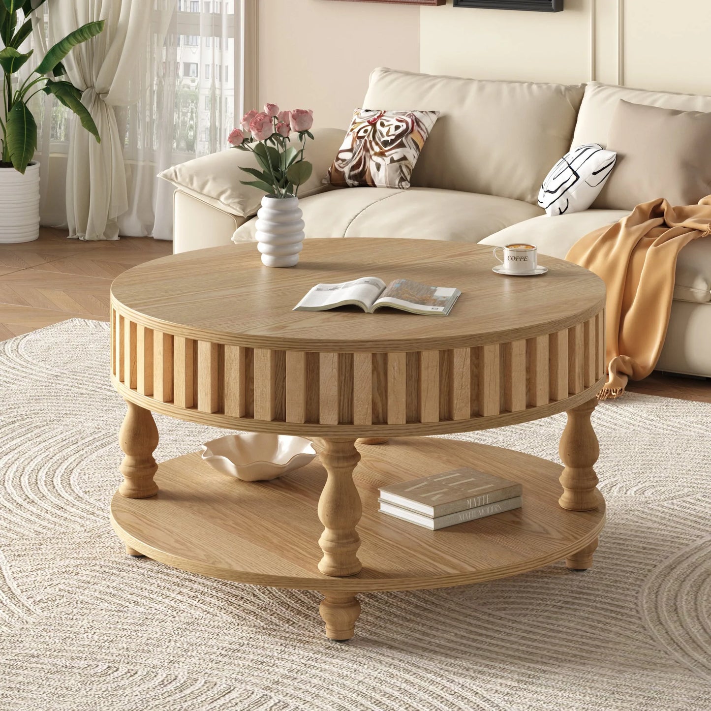 Mid Century Modern Fluted Coffee Table with Storage, Natural Wood Finish Center Table with Flip-Top Lid and Solid Wood Legs for Living Room detail view 5