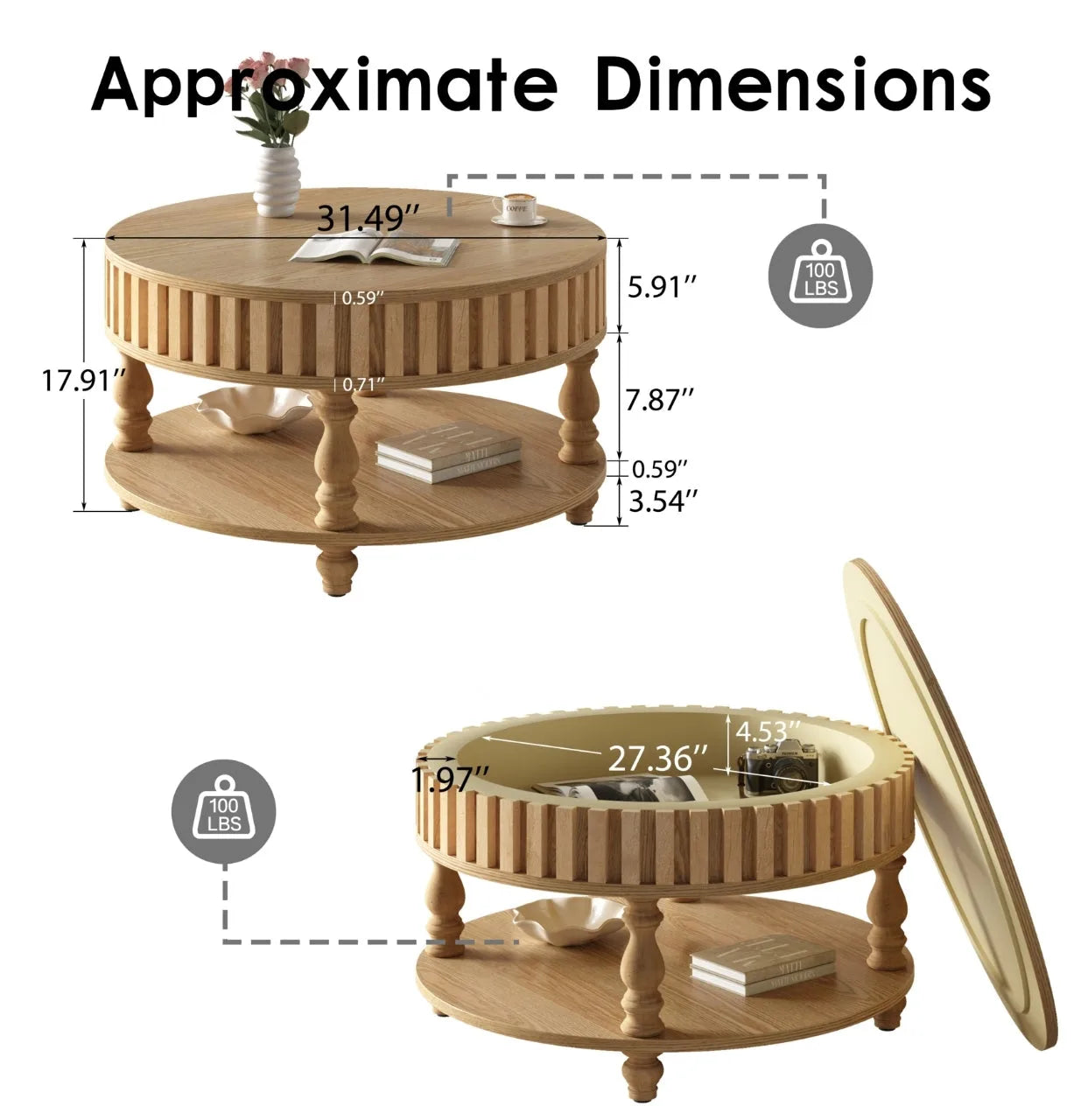 Mid Century Modern Fluted Coffee Table with Storage, Natural Wood Finish Center Table with Flip-Top Lid and Solid Wood Legs for Living Room detail view 7
