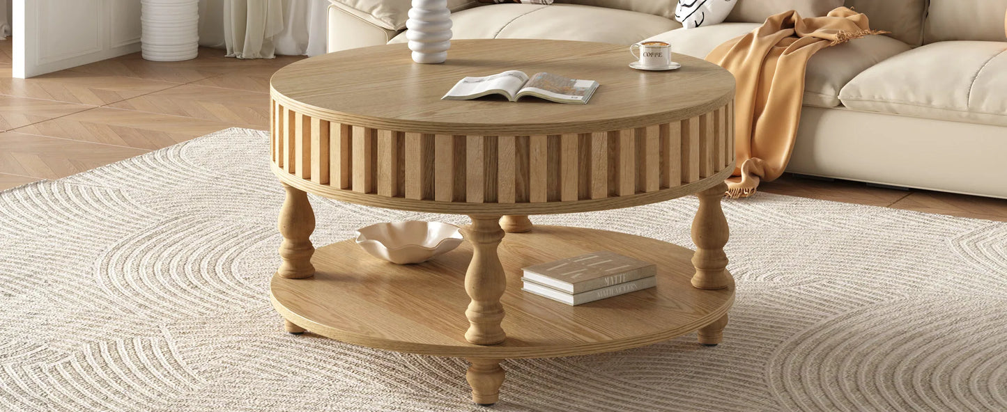 Mid Century Modern Fluted Coffee Table with Storage, Natural Wood Finish Center Table with Flip-Top Lid and Solid Wood Legs for Living Room detail view 8