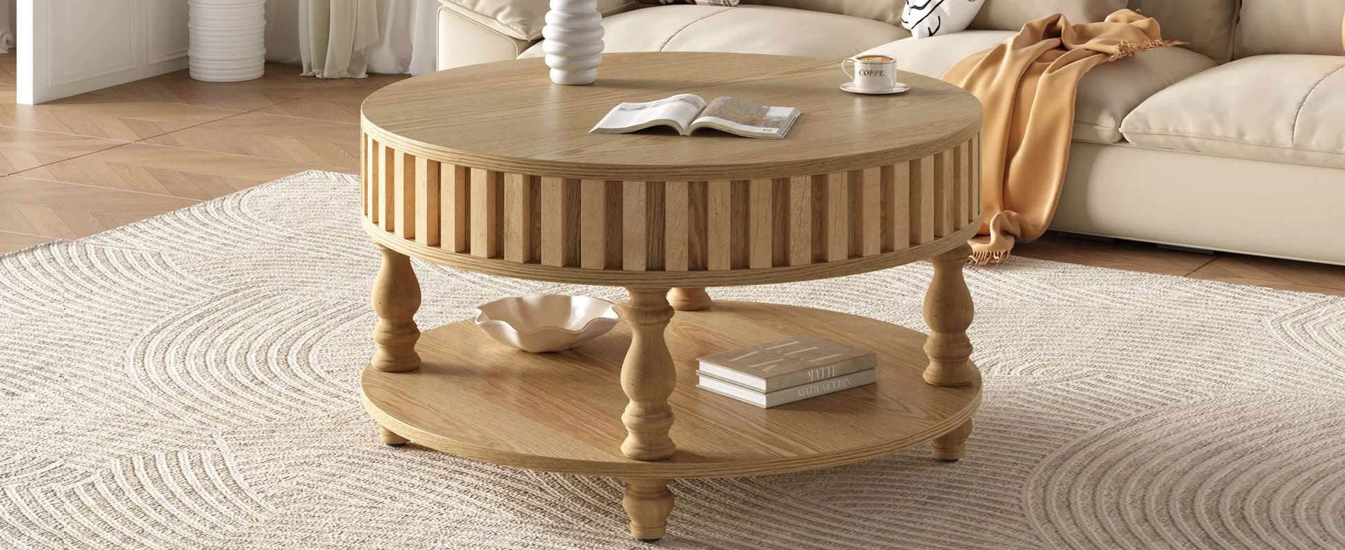 Mid Century Modern Fluted Coffee Table with Storage, Natural Wood Finish Center Table with Flip-Top Lid and Solid Wood Legs for Living Room detail view 8