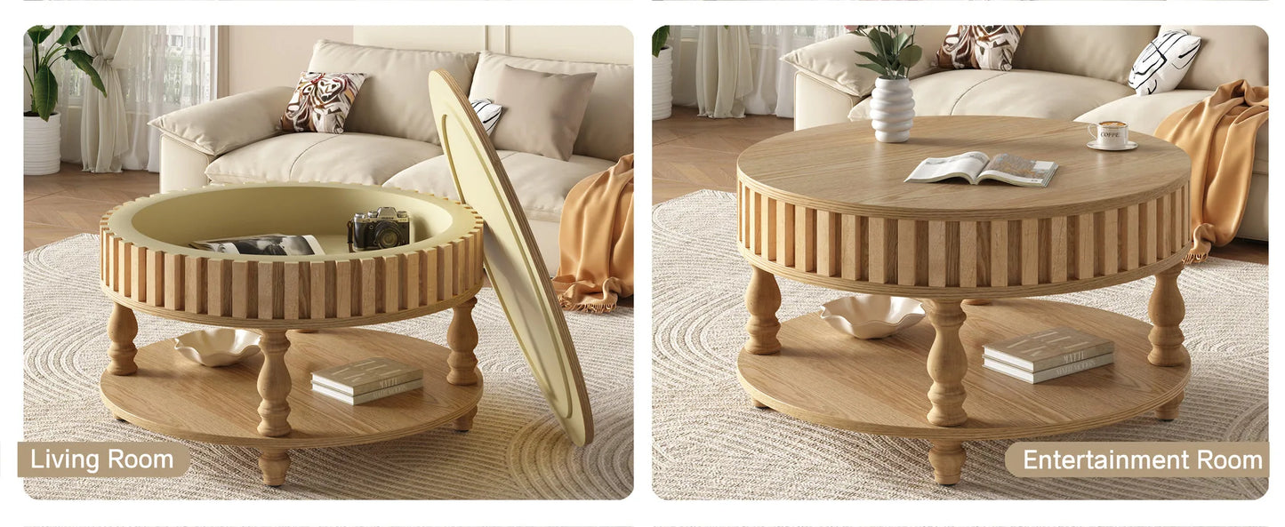 Mid Century Modern Fluted Coffee Table with Storage, Natural Wood Finish Center Table with Flip-Top Lid and Solid Wood Legs for Living Room detail view 9