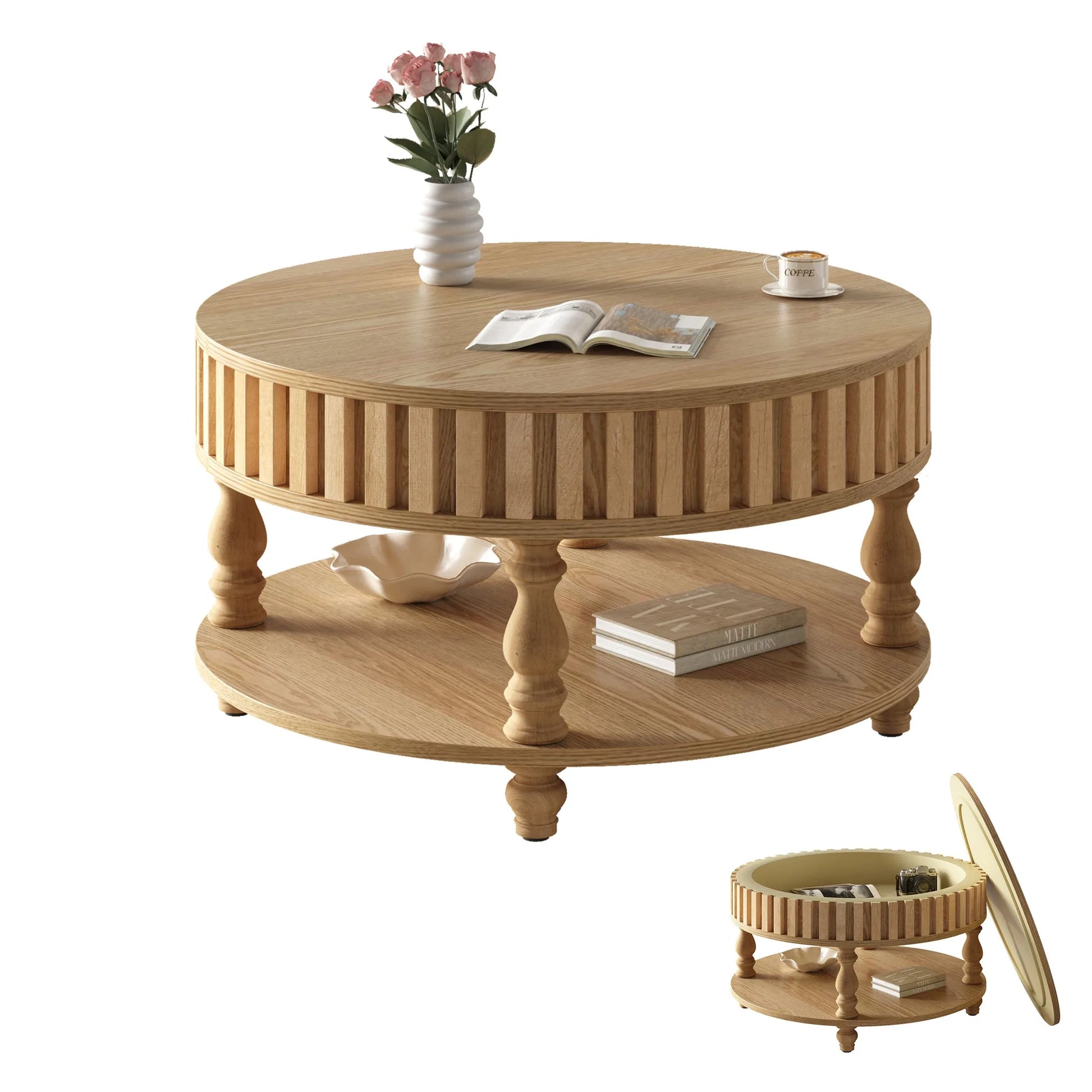 Mid Century Modern Fluted Coffee Table with Storage, Natural Wood Finish Center Table with Flip-Top Lid and Solid Wood Legs for Living Room detail view 11