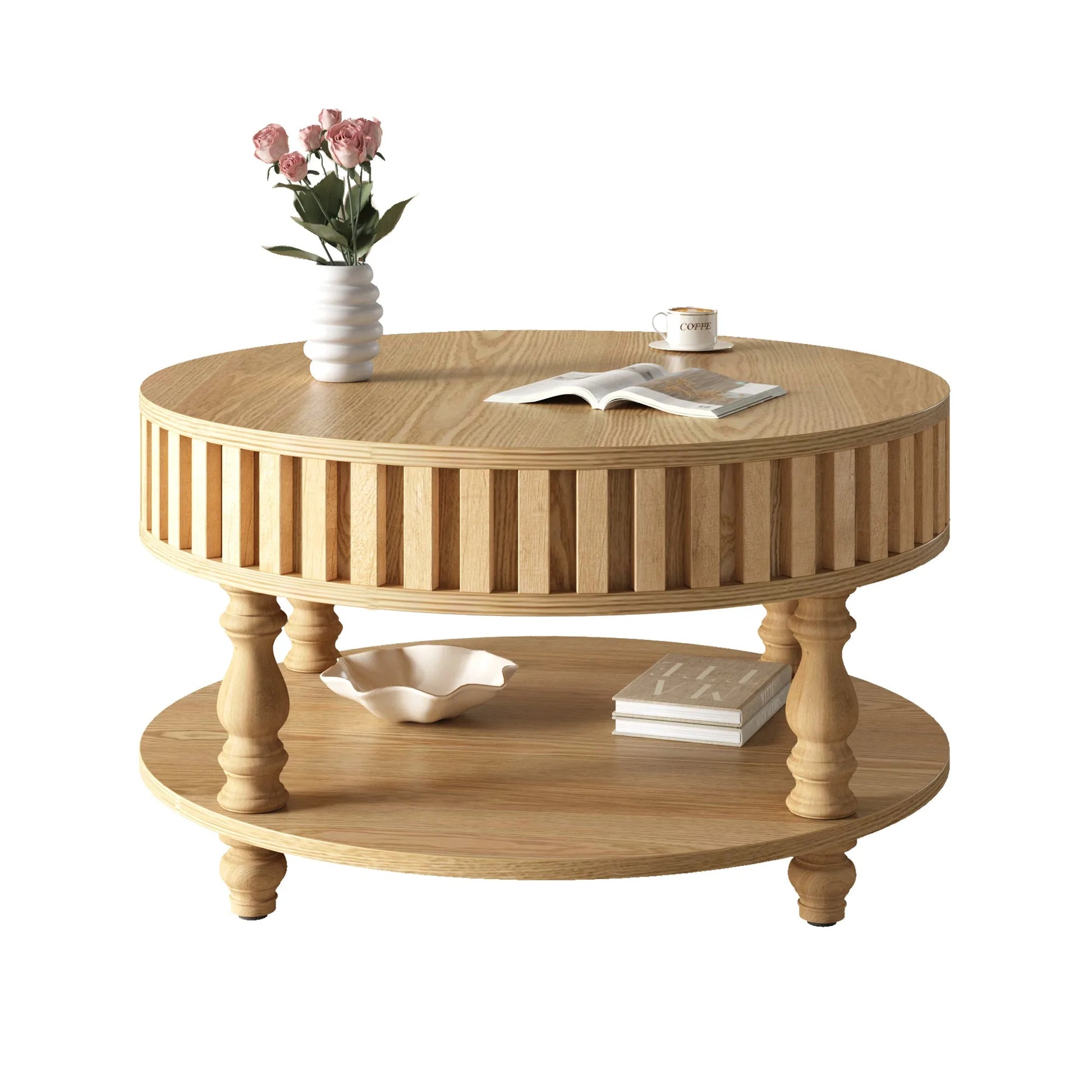 Mid Century Modern Fluted Coffee Table with Storage, Natural Wood Finish Center Table with Flip-Top Lid and Solid Wood Legs for Living Room detail view 12