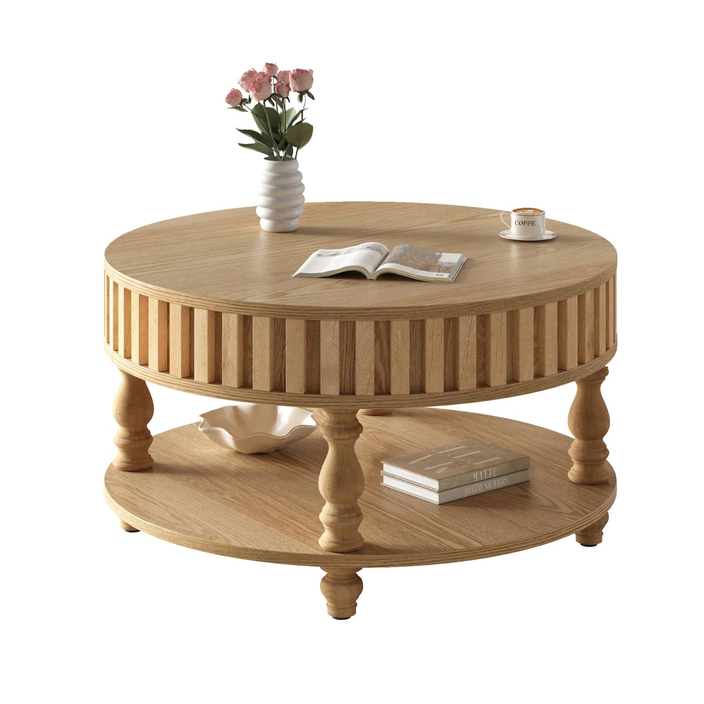Mid Century Modern Fluted Coffee Table with Storage, Natural Wood Finish Center Table with Flip-Top Lid and Solid Wood Legs for Living Room detail view 13