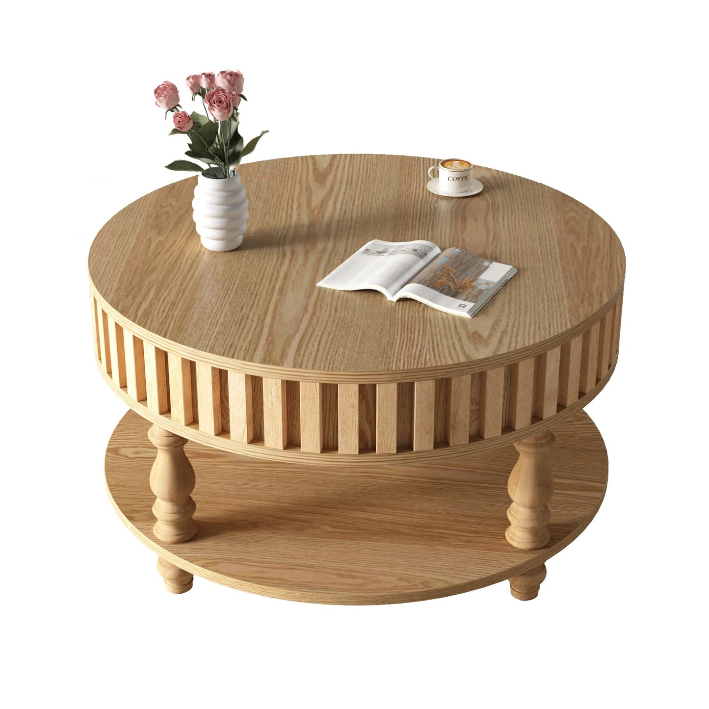 Mid Century Modern Fluted Coffee Table with Storage, Natural Wood Finish Center Table with Flip-Top Lid and Solid Wood Legs for Living Room detail view 14