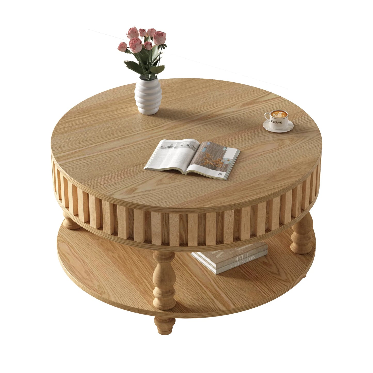 Mid Century Modern Fluted Coffee Table with Storage, Natural Wood Finish Center Table with Flip-Top Lid and Solid Wood Legs for Living Room detail view 16