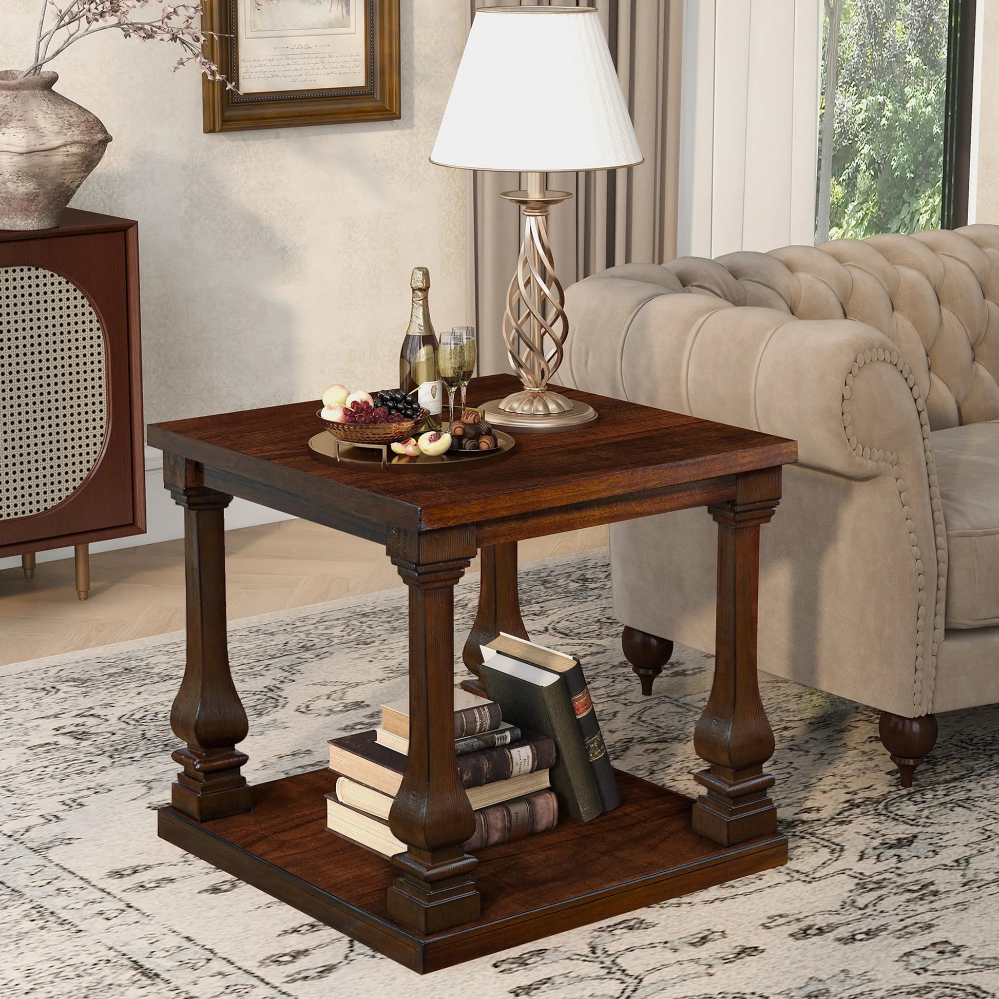 24.8' Farmhouse Wood End Table with Storage Shelf, 2-Tier Vintage Side Table with Carved Legs, Square Decorative Nightstand for Living Room & Bedroom, Walnut lifestyle view