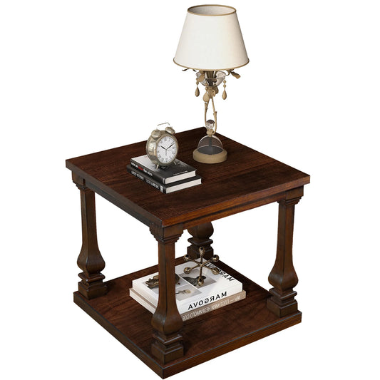 24.8' Farmhouse Wood End Table with Storage Shelf, 2-Tier Vintage Side Table with Carved Legs, Square Decorative Nightstand for Living Room & Bedroom, Walnut detail view 2