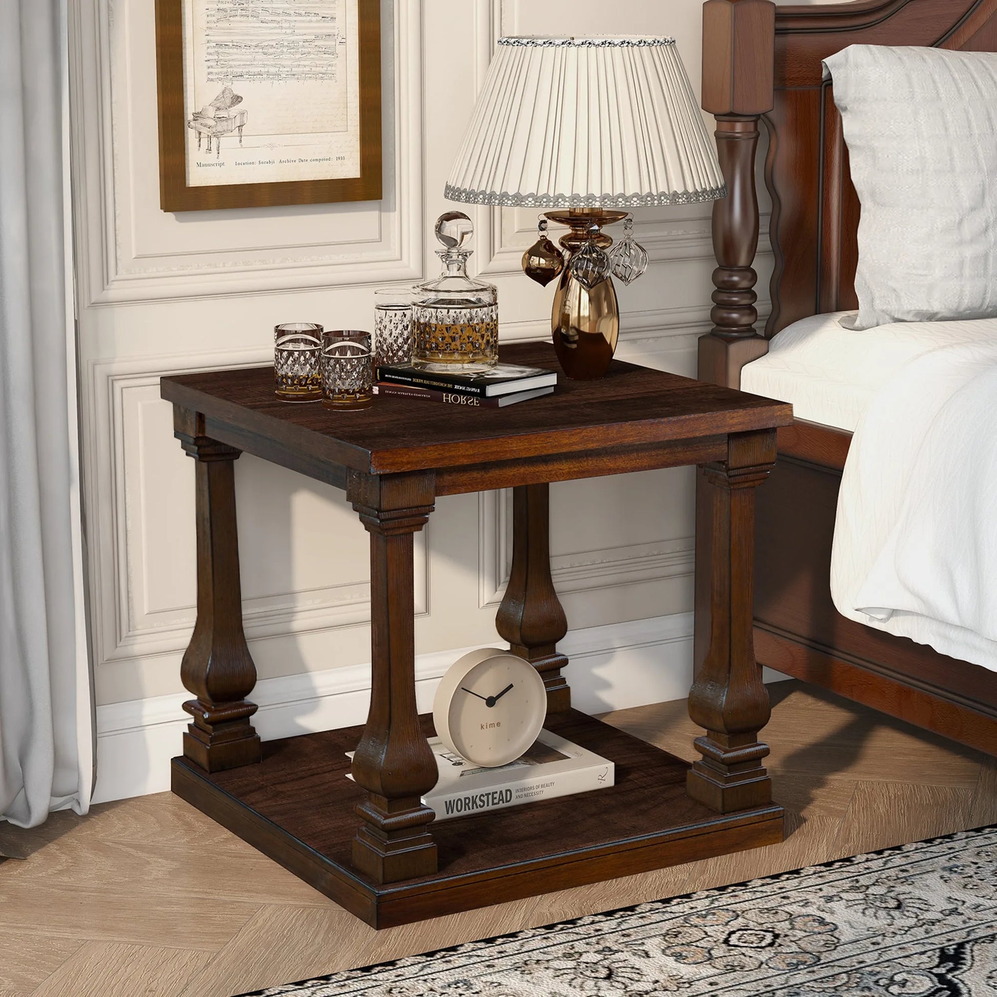 24.8' Farmhouse Wood End Table with Storage Shelf, 2-Tier Vintage Side Table with Carved Legs, Square Decorative Nightstand for Living Room & Bedroom, Walnut detail view 3