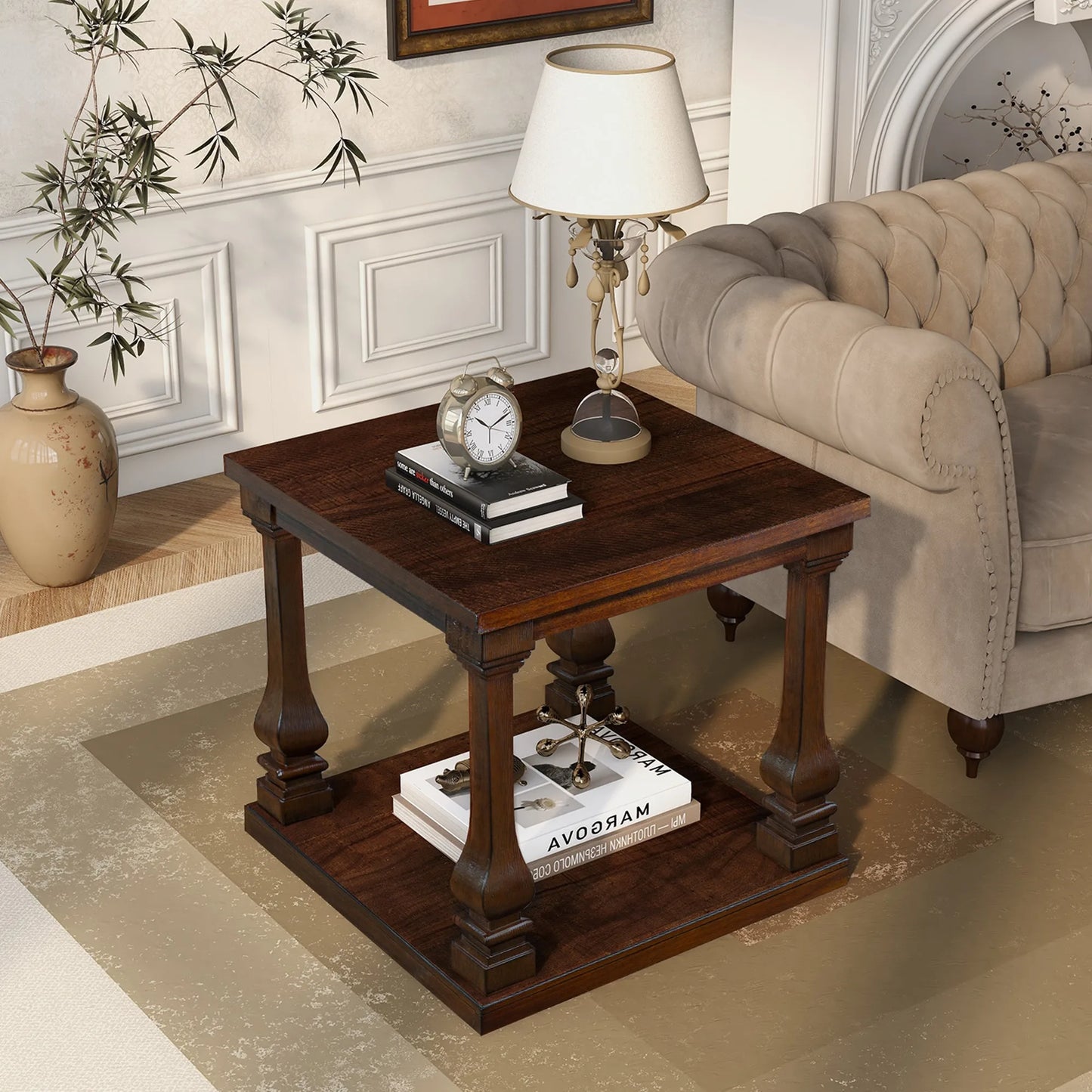 24.8' Farmhouse Wood End Table with Storage Shelf, 2-Tier Vintage Side Table with Carved Legs, Square Decorative Nightstand for Living Room & Bedroom, Walnut detail view 4