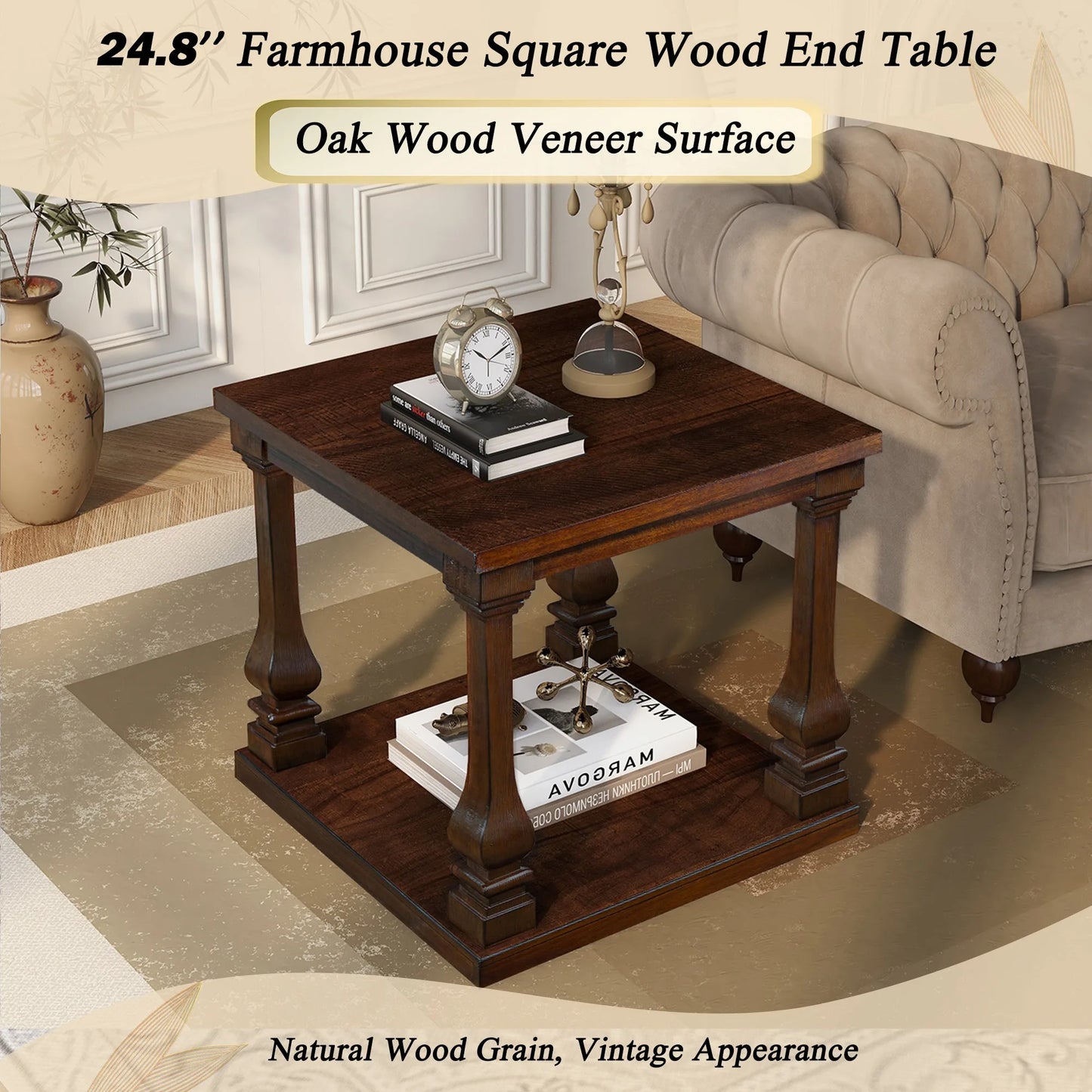 24.8' Farmhouse Wood End Table with Storage Shelf, 2-Tier Vintage Side Table with Carved Legs, Square Decorative Nightstand for Living Room & Bedroom, Walnut detail view 5