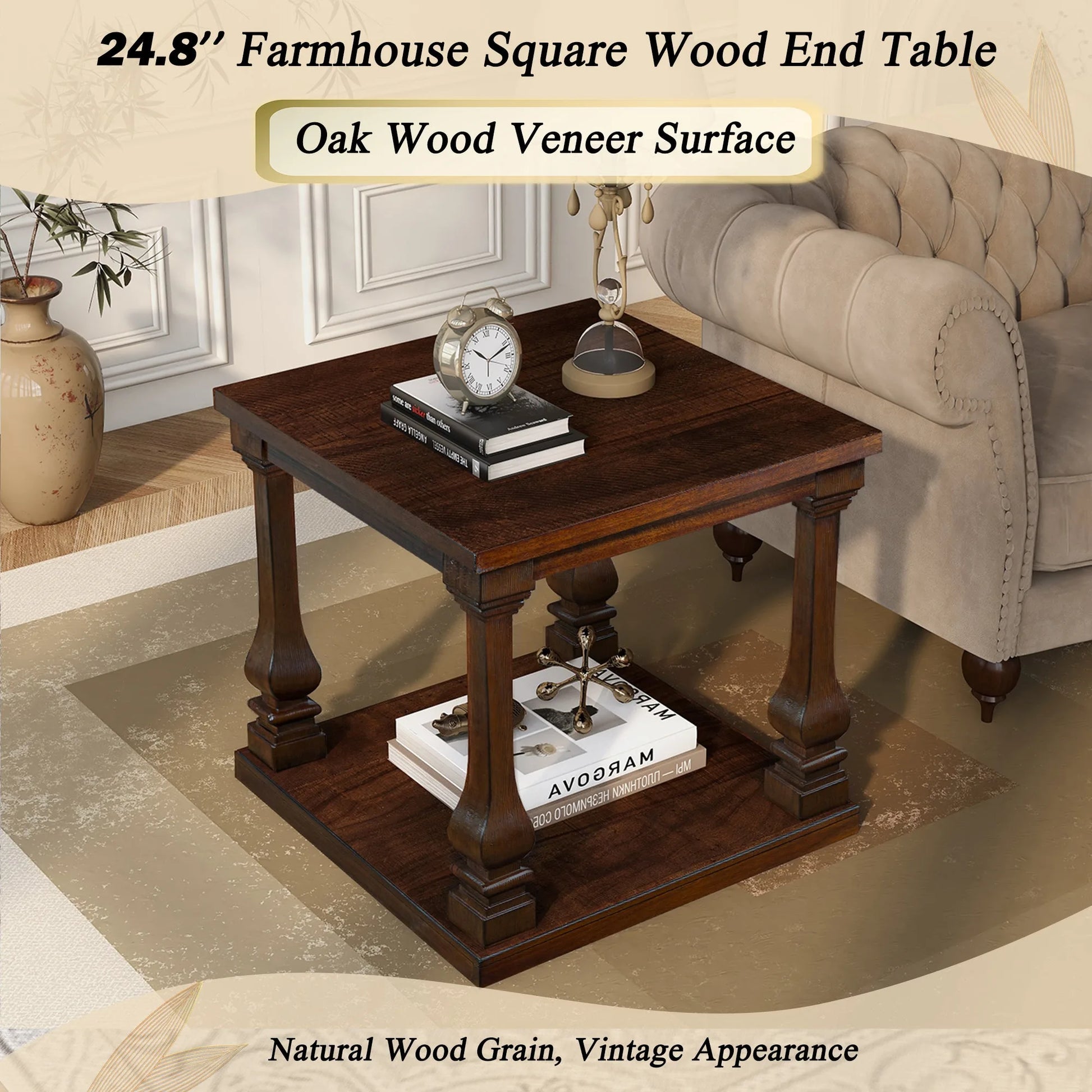 24.8' Farmhouse Wood End Table with Storage Shelf, 2-Tier Vintage Side Table with Carved Legs, Square Decorative Nightstand for Living Room & Bedroom, Walnut detail view 5