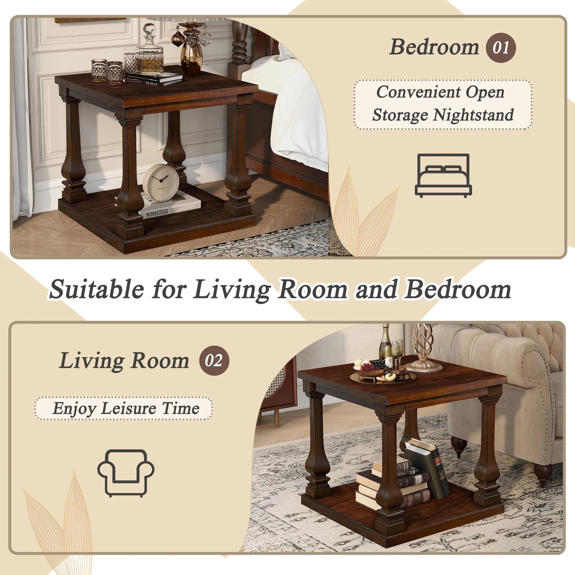 24.8' Farmhouse Wood End Table with Storage Shelf, 2-Tier Vintage Side Table with Carved Legs, Square Decorative Nightstand for Living Room & Bedroom, Walnut detail view 7