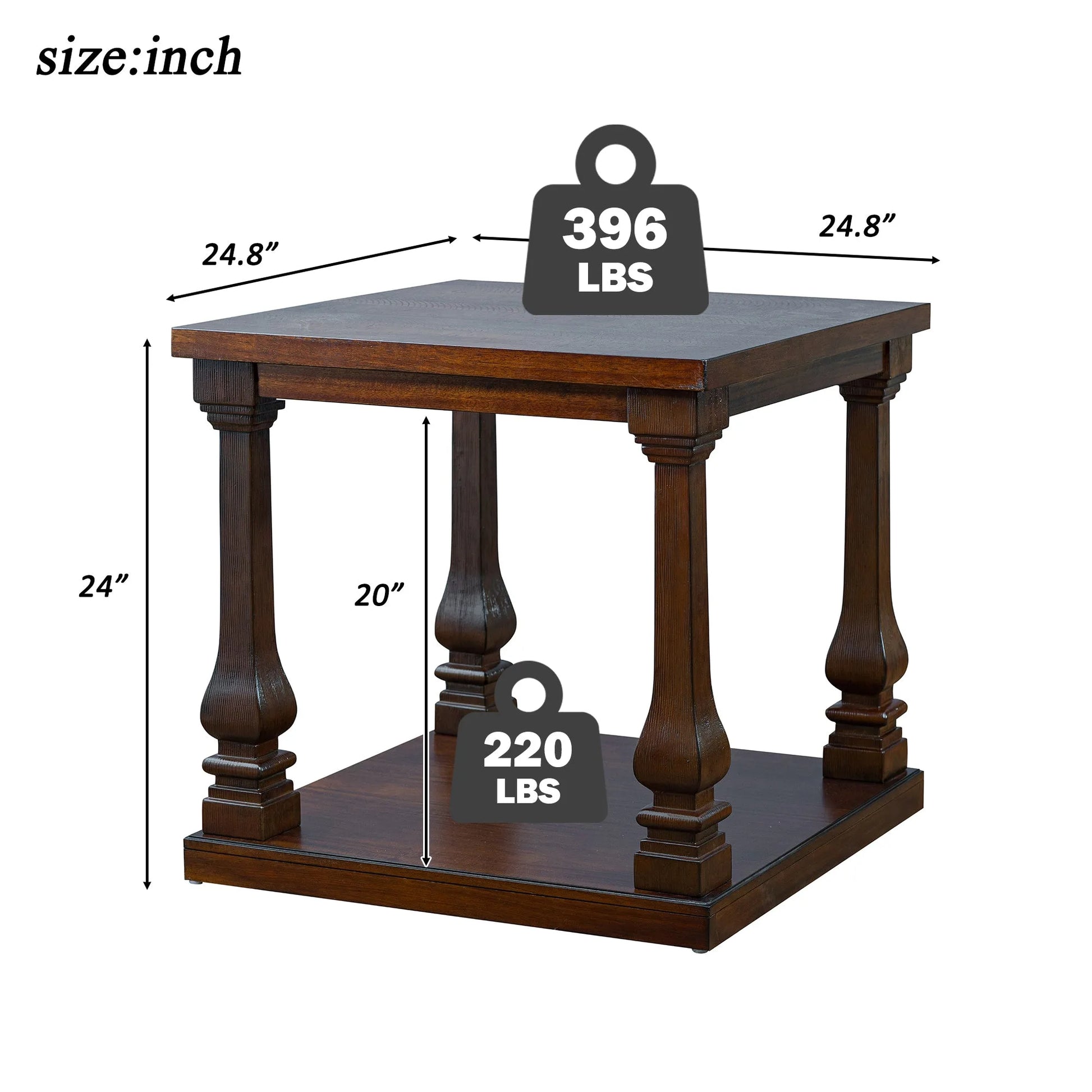 24.8' Farmhouse Wood End Table with Storage Shelf, 2-Tier Vintage Side Table with Carved Legs, Square Decorative Nightstand for Living Room & Bedroom, Walnut detail view 9