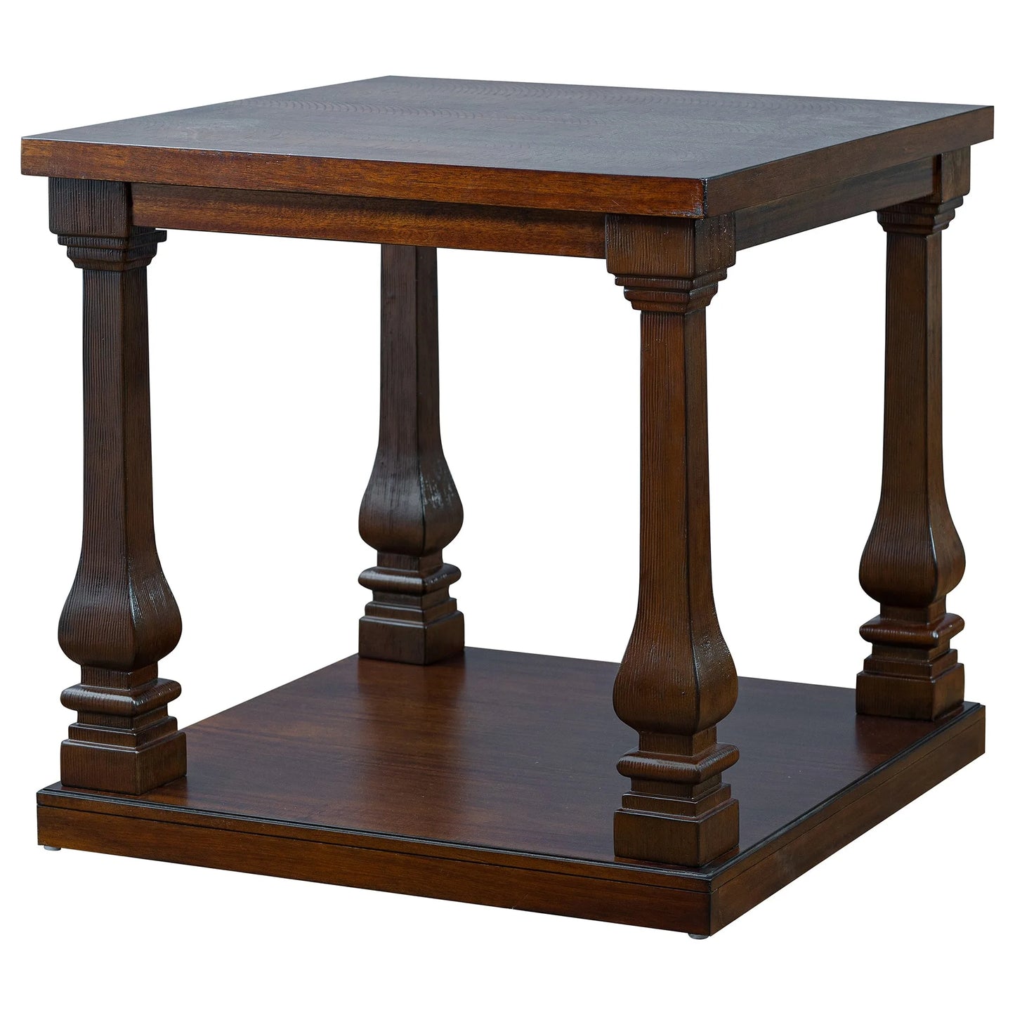 24.8' Farmhouse Wood End Table with Storage Shelf, 2-Tier Vintage Side Table with Carved Legs, Square Decorative Nightstand for Living Room & Bedroom, Walnut detail view 11