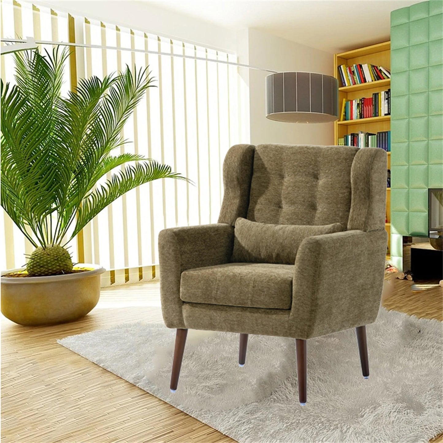 Modern Accent Chair, Chenille Arm Chairs for Living Room, Upholstered Modern Armchair, Comfy Soft Padded Lounge Chair in Small Space, Bedroom, w/Pillow, Solid Wood Leg, Olive Green lifestyle view