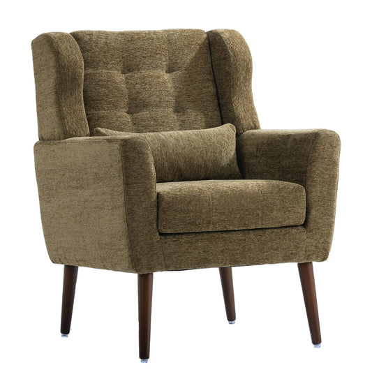 Modern Accent Chair, Chenille Arm Chairs for Living Room, Upholstered Modern Armchair, Comfy Soft Padded Lounge Chair in Small Space, Bedroom, w/Pillow, Solid Wood Leg, Olive Green detail view 2